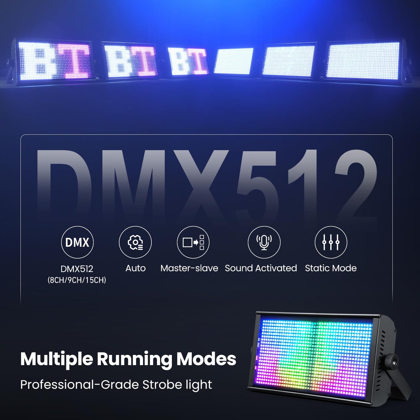 Betopper 200W Stage Strobe Light, RGB LED Stage Light Bar with 7x15 Pixel Control Zones,30Hz Strobe Speed,DMX512 Sound-Active Flash DJ Light Bar,Disco Wash Lighting for Club,4 Packs