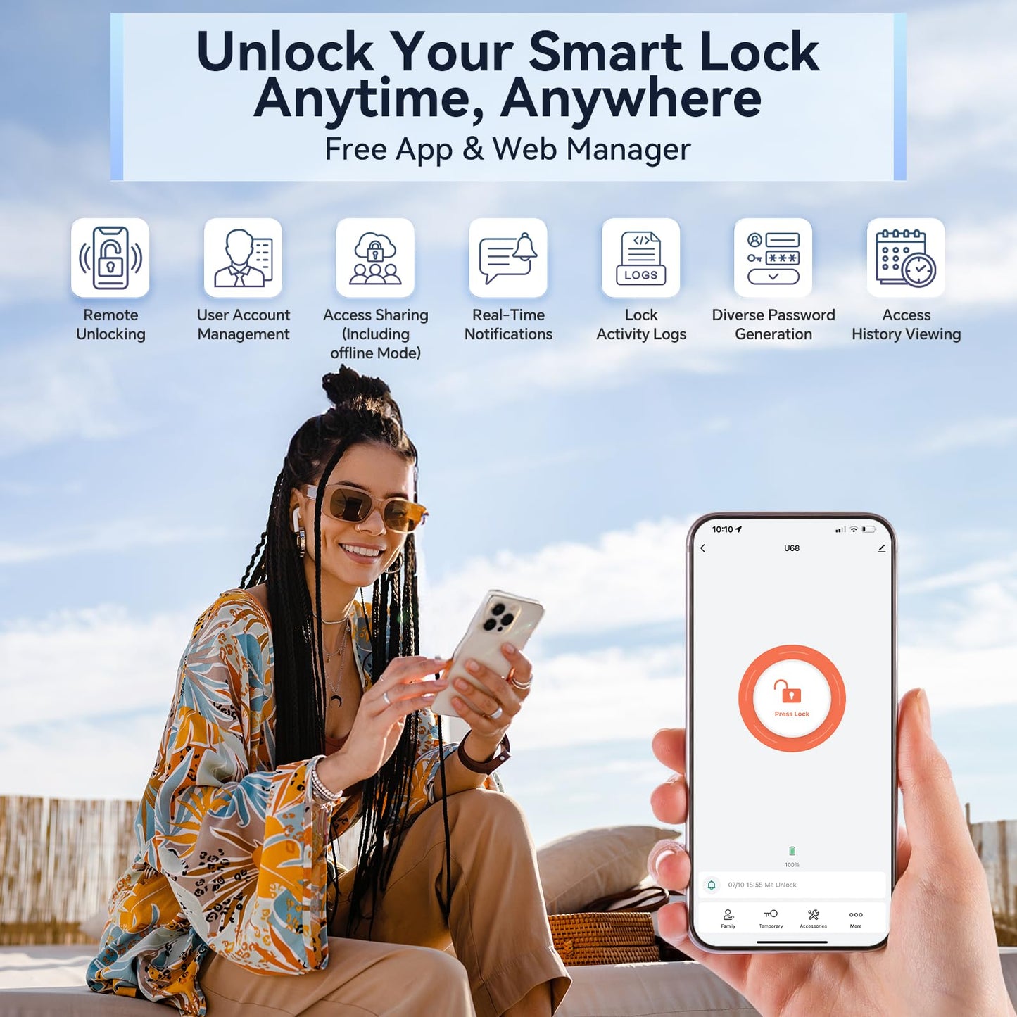 Ulecoce Fingerprint Keypad Deadbolt with Handle Set, Keyless Entry Door Lock, Door Locks for Front Door Lock Set, App Control, Auto Locking, Easy to Install, Matte Black