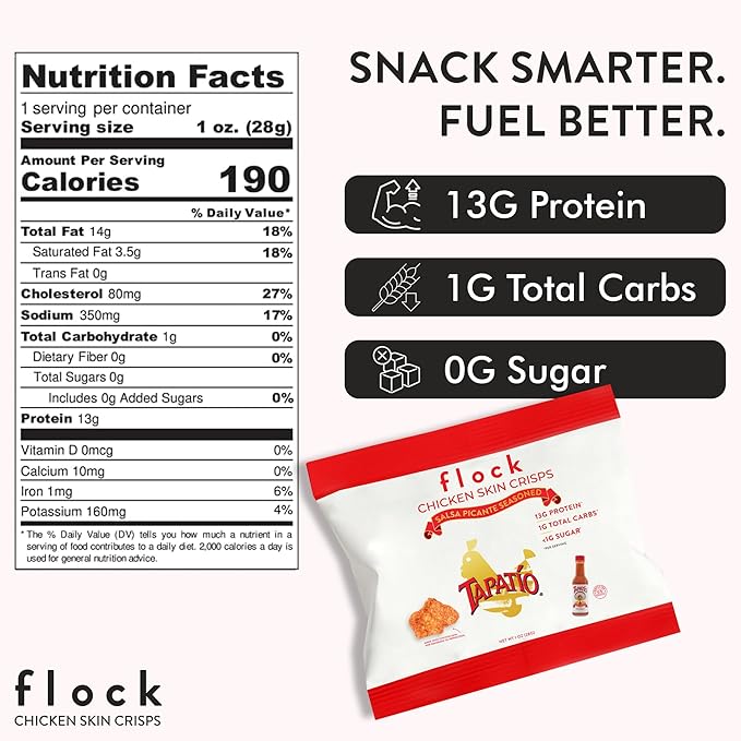 Flock Keto Chicken Skin Chips – Tapatio Flavor, Low Carb, High Protein, Gluten-Free Chicken Crisps, Keto Snack, Low Carb Chips, Protein Crackers, Diet Snacks, 8-Pack (1oz)