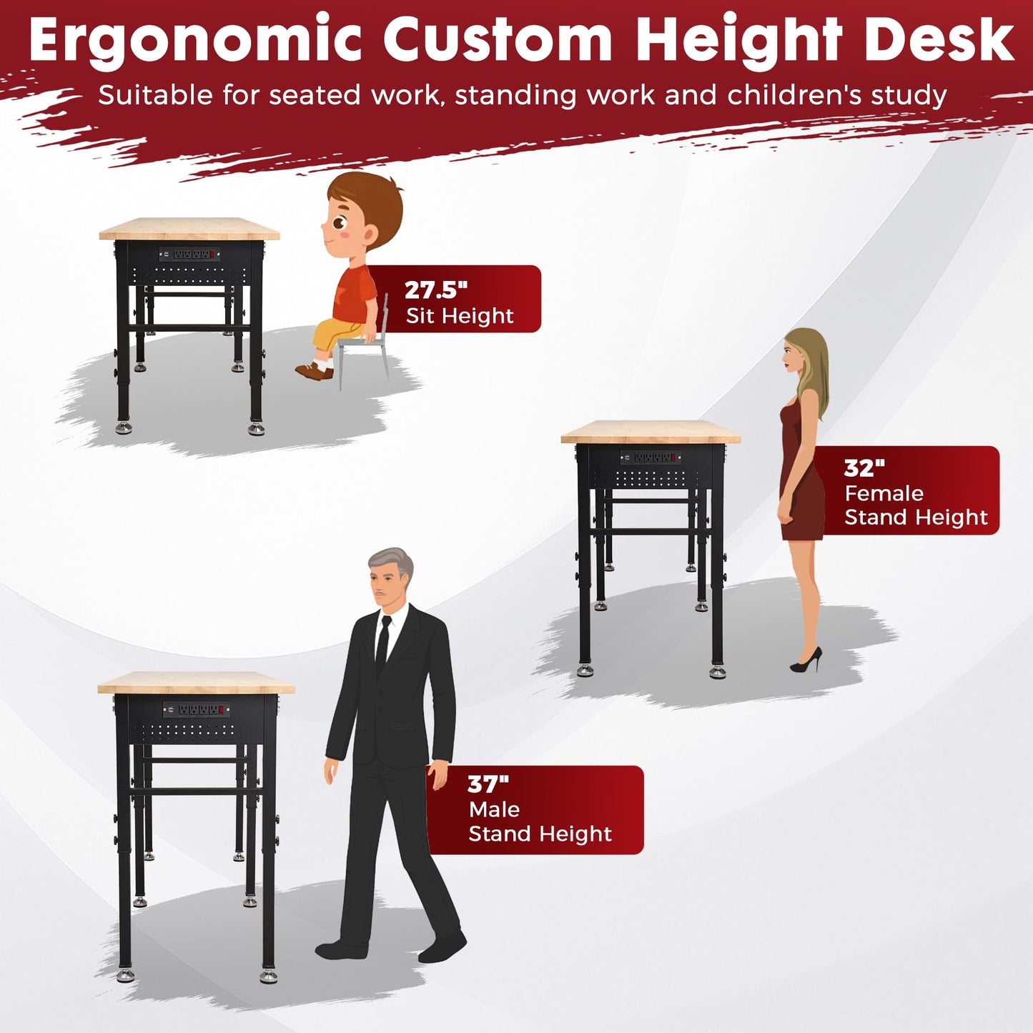 96" Adjustable Workbench with Rubberwood Top & Power Outlet, Large 96x24Inch 9-Level Height Range 27"-37", 5000 LBS Heavy Duty Capacity for Workshop, Office, Garage, Home