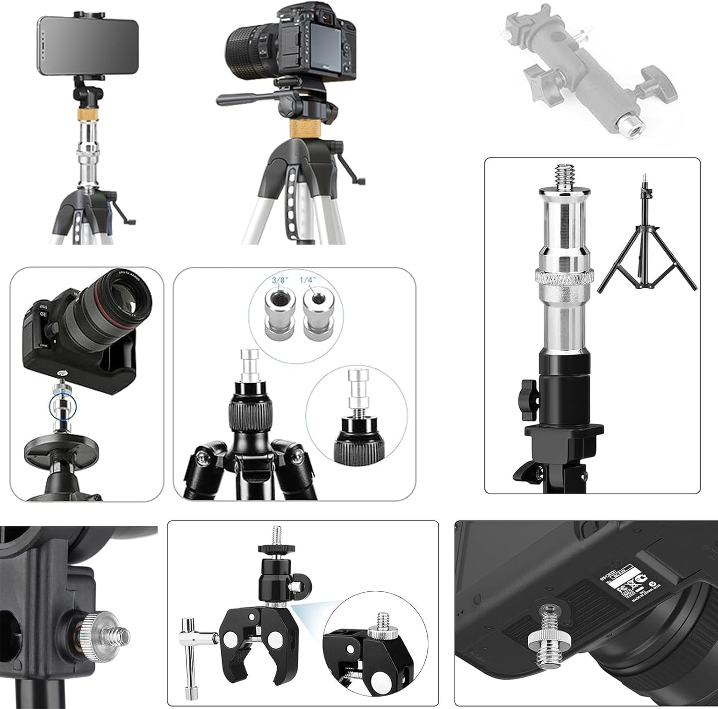 30Pack 1/4 3/8 Inch 1/4" Camera Tripod Screw Mount Kit to Adapter Threaded Converter Swivel Ball Head and Hot Shoe E