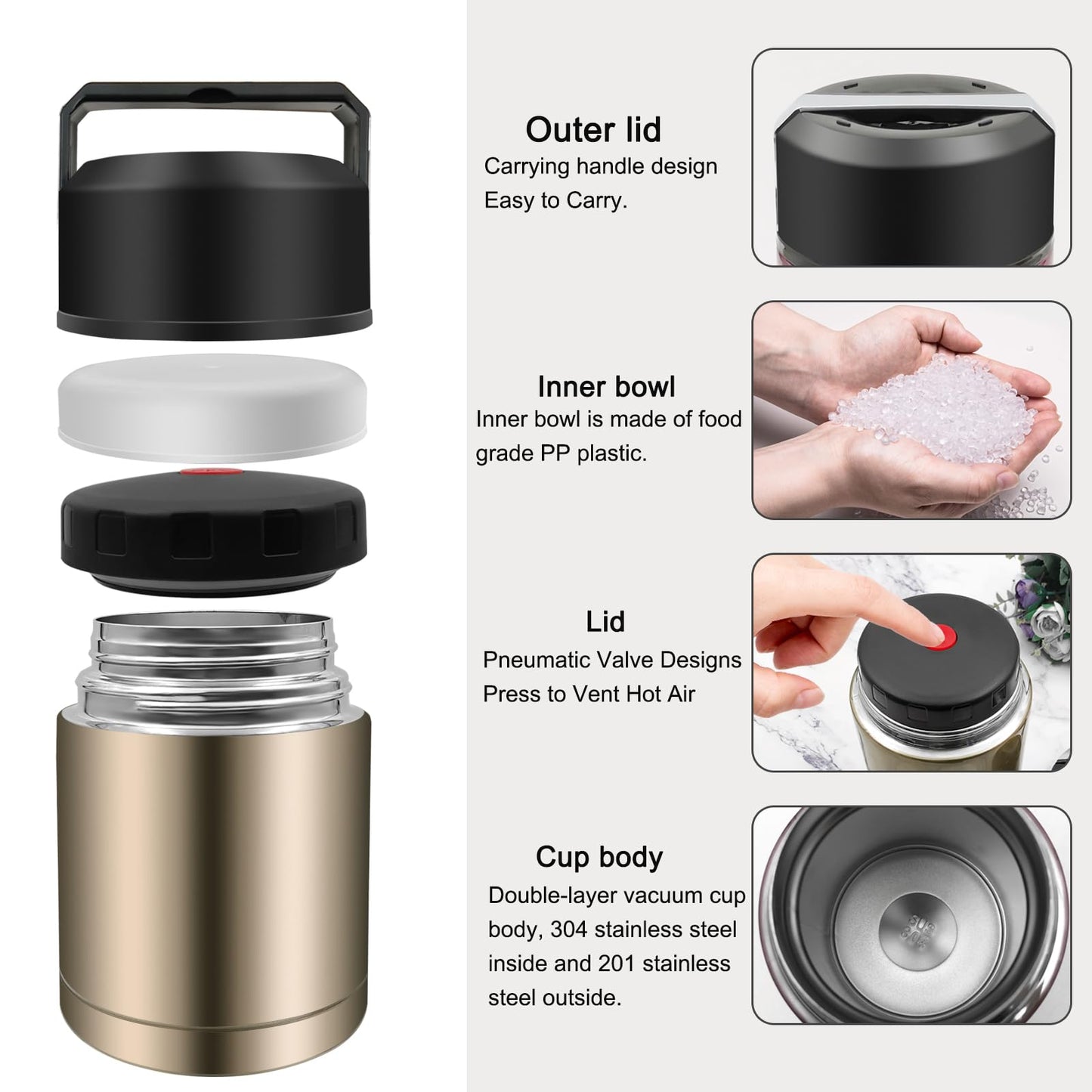 Zalaxt 28oz Soup Thermos, Stainless Steel Thermos for Hot Food, Wide Mouth Food Thermos Jar, Insulated Lunch Container Leak Proof Vacuum Thermal Flask(gold)