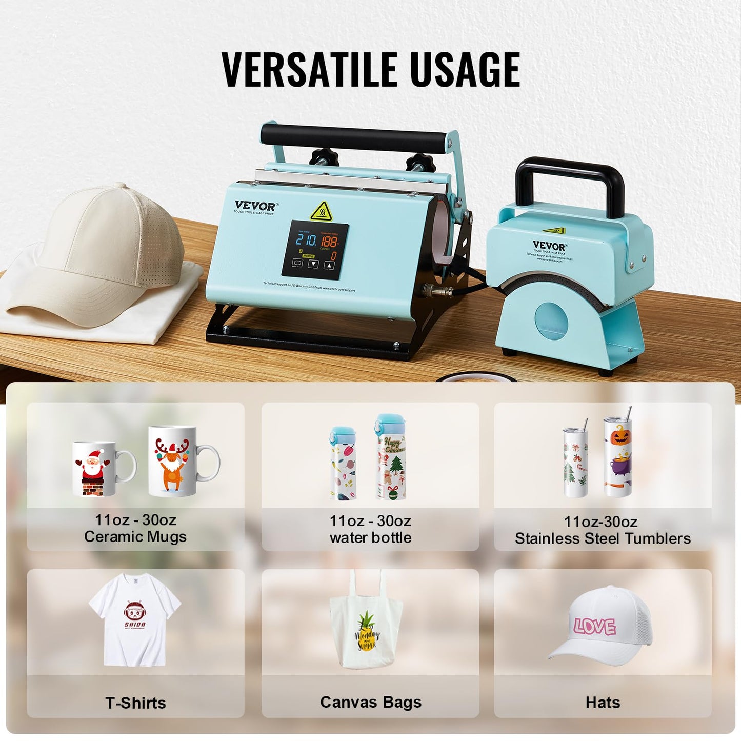 VEVOR 2 in 1 Tumbler and Hat Heat Press Machine, Mini Press for Caps, 11-30oz Sublimation Mugs, Temperature and Time Control, Green