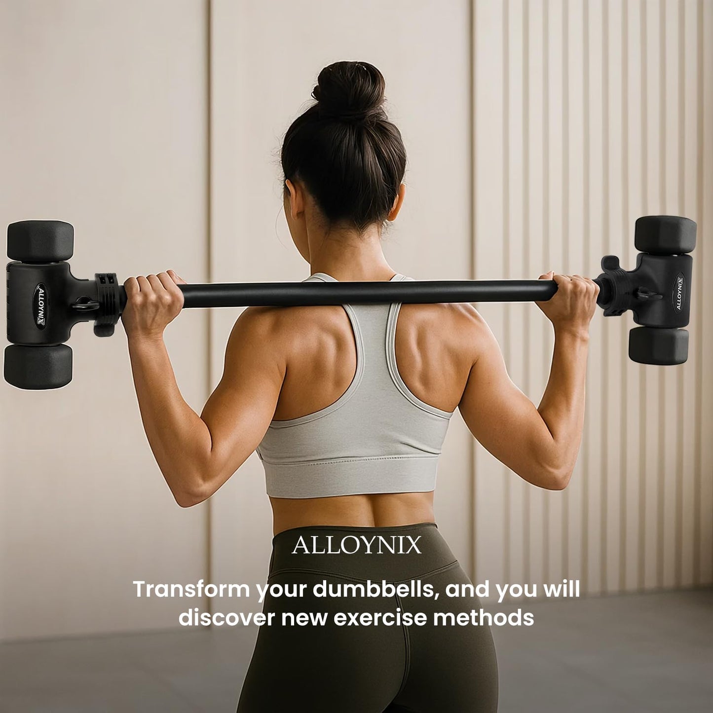 ALLOYNIX Dumbbell to Barbell Converter 2.0 – Transform Dumbbells into Barbell Set for Home Gym, Adjustable Weight Bar with Anti-Slip Foam Grip, Steel Clamp & 200LB Max Capacity, Compatible with Standard Dumbbells