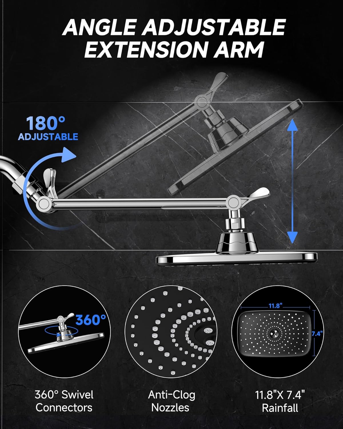 Veken Rain Shower Head - 11.8" Rectangular Stainless Steel Showerhead with Adjustable Arm | Chrome Finish