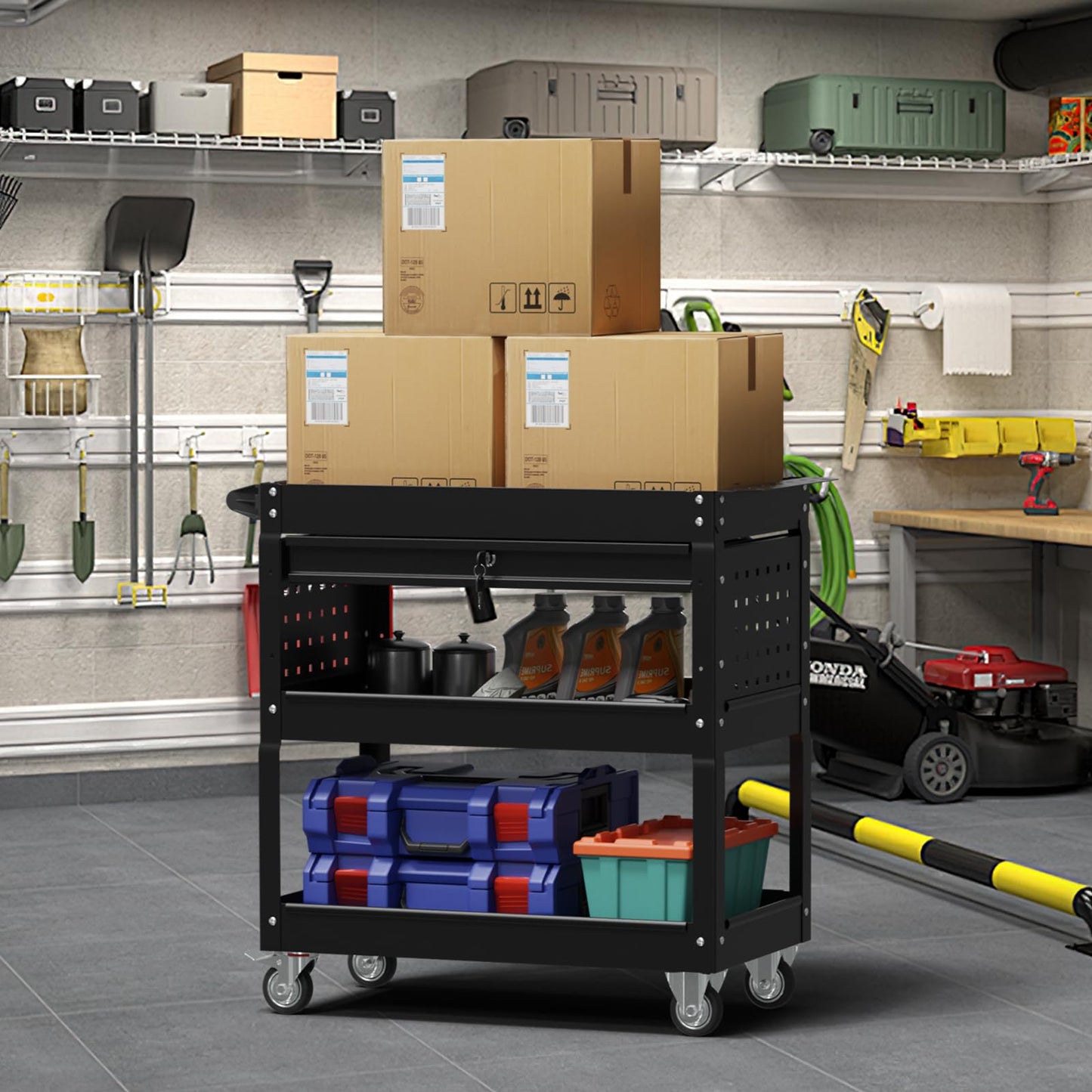 Granper 3 Tier Rolling Cart, Heavy Duty Utility Industrial Service Carts on Wheels, Metal Tool Cart with Locked Drawers, Ideal for Garage, Warehouse and Repair Shop（Black）