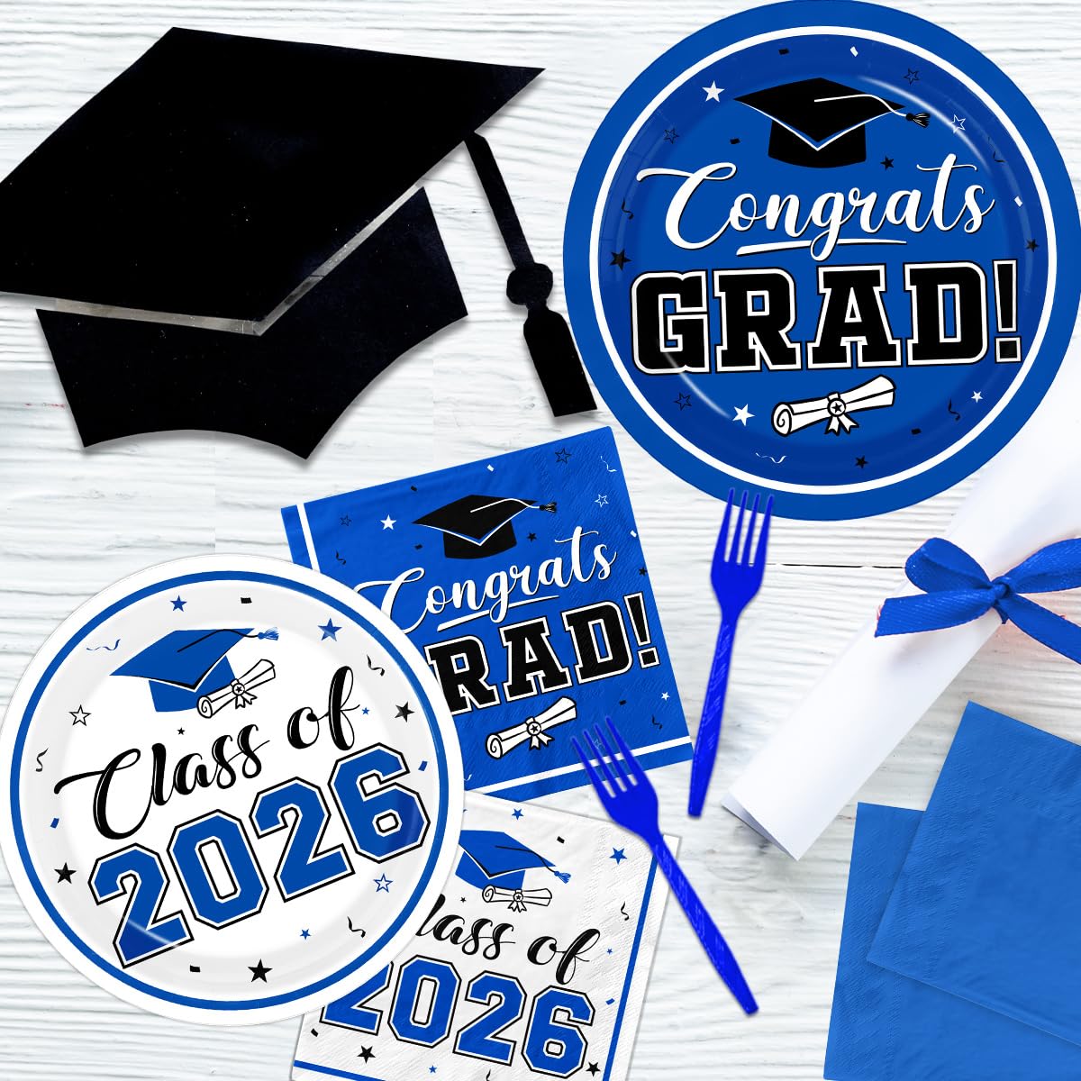 Graduation Party Plates and Napkins Blue Class of 2026 Grad Congrats Party Supplies Disposable Dessert Paper Plates Cocktail Napkins forGraduation Party Decorations,Serve 50