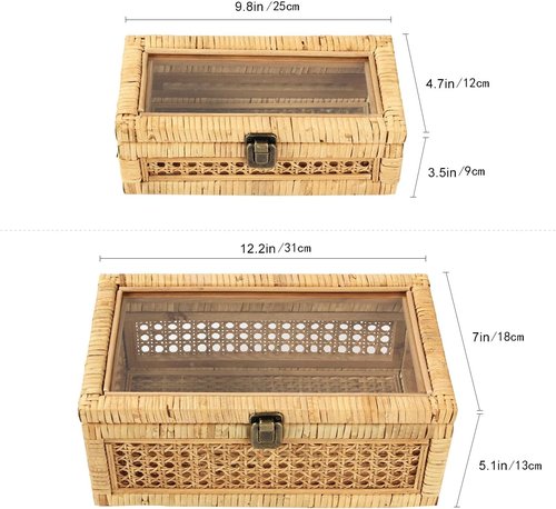 HUAXIN CRAFT H Rattan Decorative Box Set - Rectangular Woven Design with Glass Lid for Stylish Display