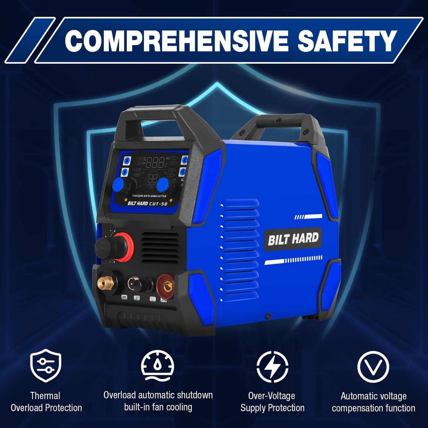 BILT HARD Plasma Cutter, 50A Plasma Cutting Equipment, Non Touch Pilot Arc, 110V/220V Dual Voltage, Digital Display Screen, DC Inverter IGBT Plasma Cutter Machine for Beginners