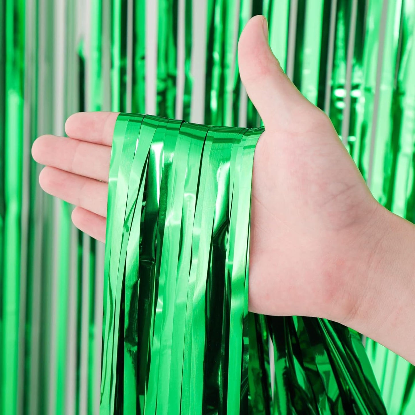 Voircoloria Green Foil Fringe Backdrop Curtains - 3 Pack Tinsel Streamers for Parties | 3.3x8.2 Feet