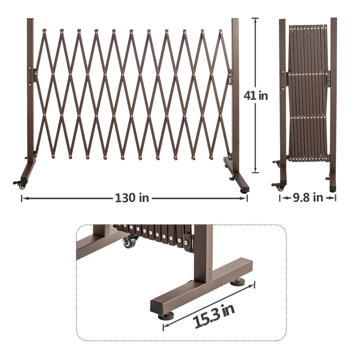 TECSPACE Aluminum Expandable Garden Fence, Portable Barricade Gate with Casters, Expansion Size 126×15.2×40.6 inches, Adjustable Flexible Fence Mobile Barricade Safety Barrier