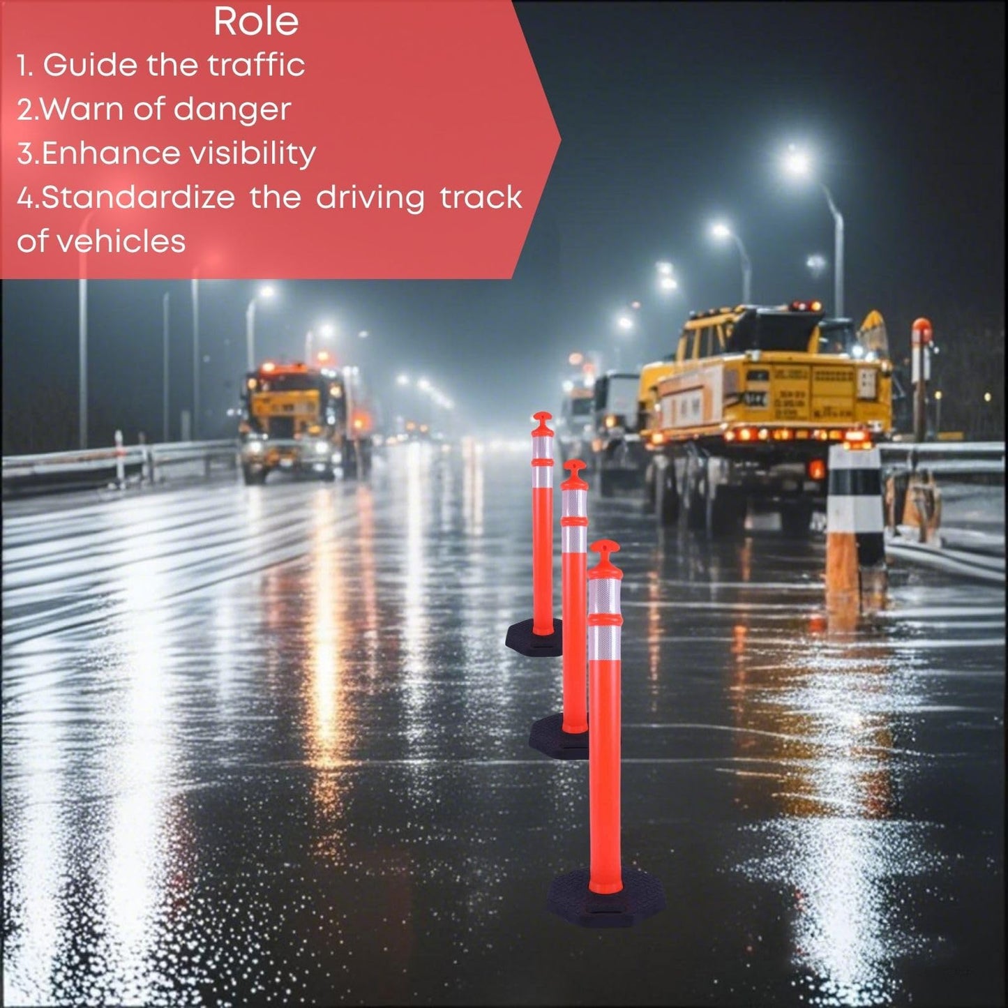 OranclUS Reflective Rubber Base Traffic Delineator Post - Heavy-Duty Safety Bollards for Parking Lot Markers, Road Construction, Driveway Warning - with Reflective Strips (6 Pack - 42 Inch)