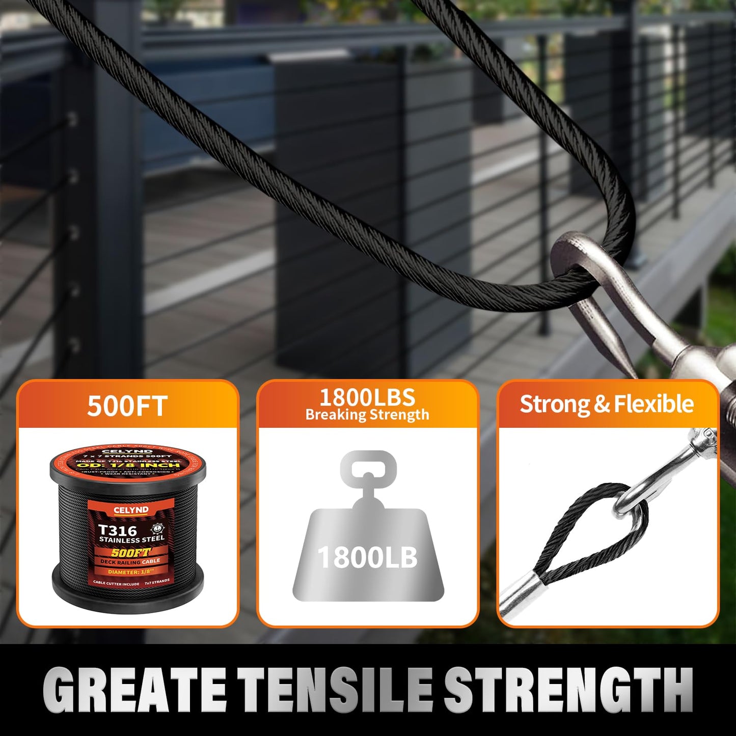 Black Stainless Steel Cable for Railing - 500FT 1/8" T316 Wire Rope for Deck Cable Railing System Kit