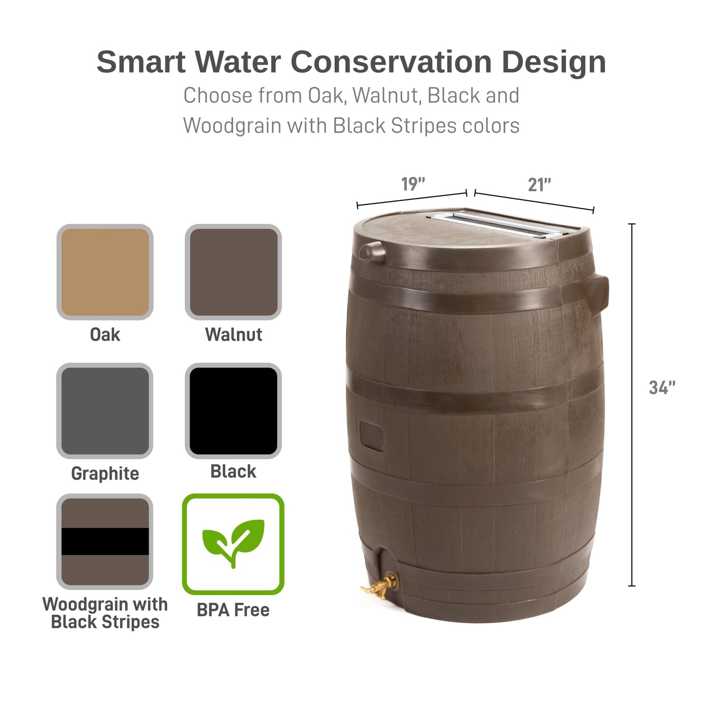 RTS Home Accents 50-Gallon Rain Barrel with Brass Spigot, Flat Back Rain Water Collection Barrel, Walnut Color