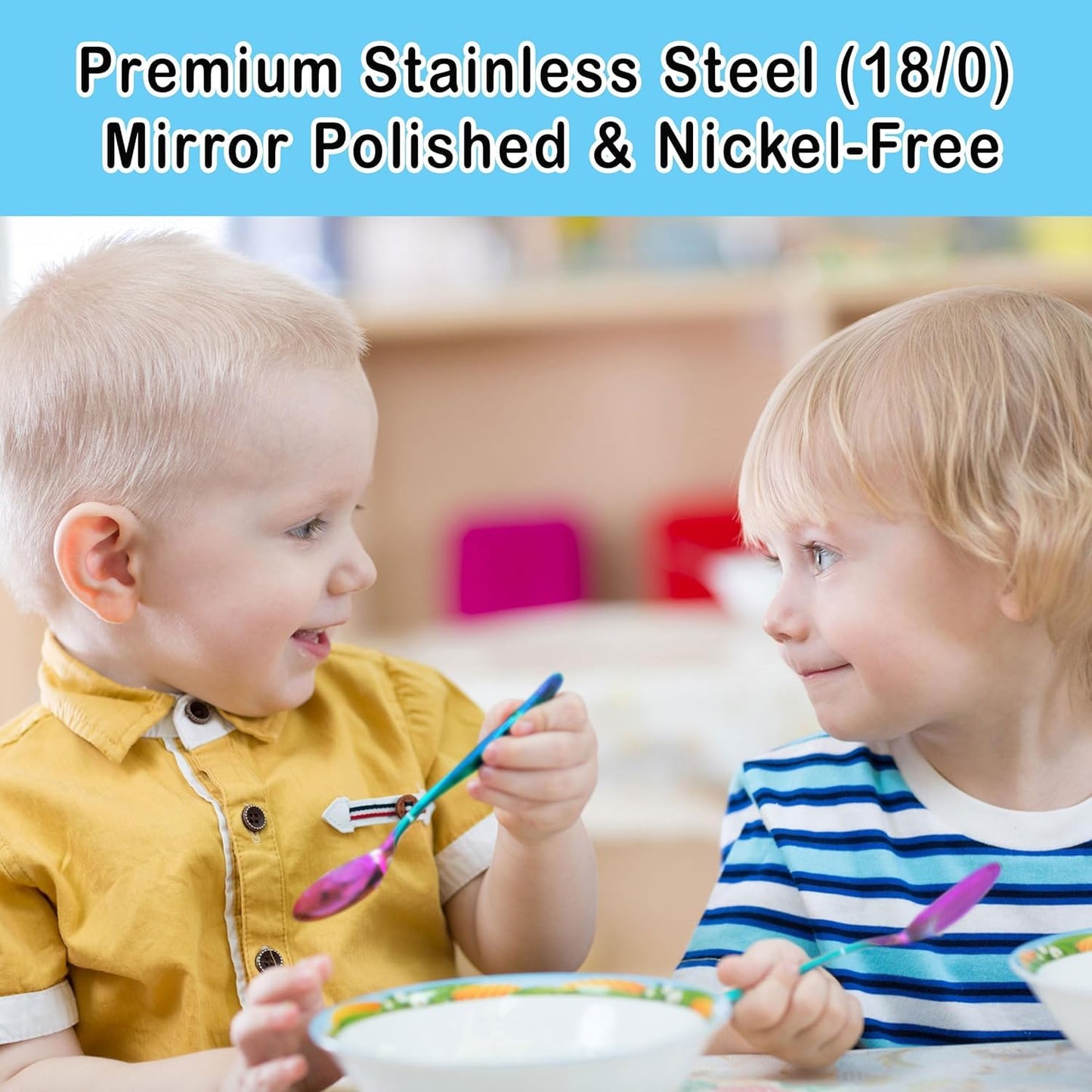 CHILLOUT LIFE Stainless Steel Kids Silverware Set 12 Pieces - Child and Toddler Safe Flatware - Kids Utensil Set - Metal Kids Cutlery Set (Includes 6 Small Kids Spoons & Kids 6 Forks, UV Rainbow)