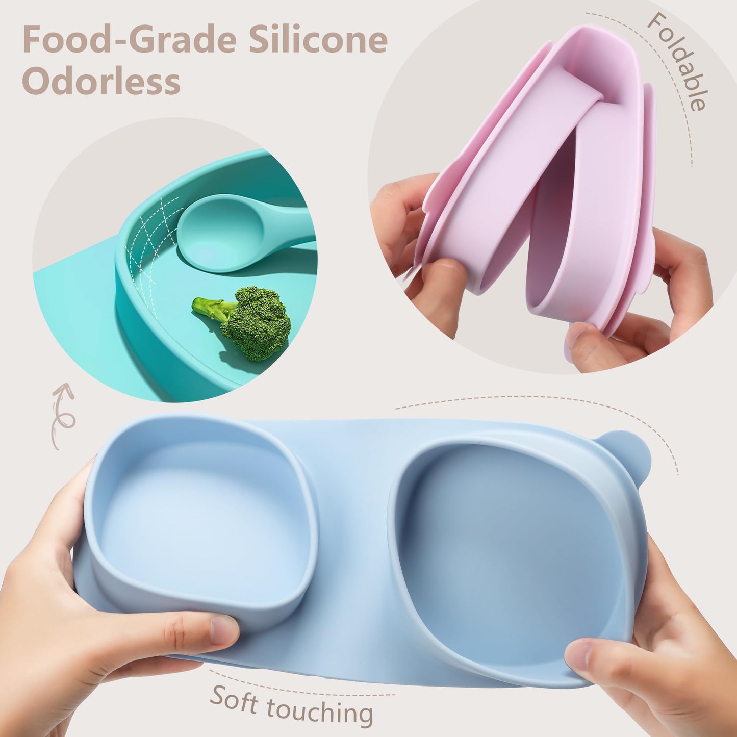 yahaa Baby Plates with Suction with Forks and Spoons, Foldable Silicone Toddler Plates, Baby Travel Essential, Microwave & Dishwasher Safe, Baby Blue