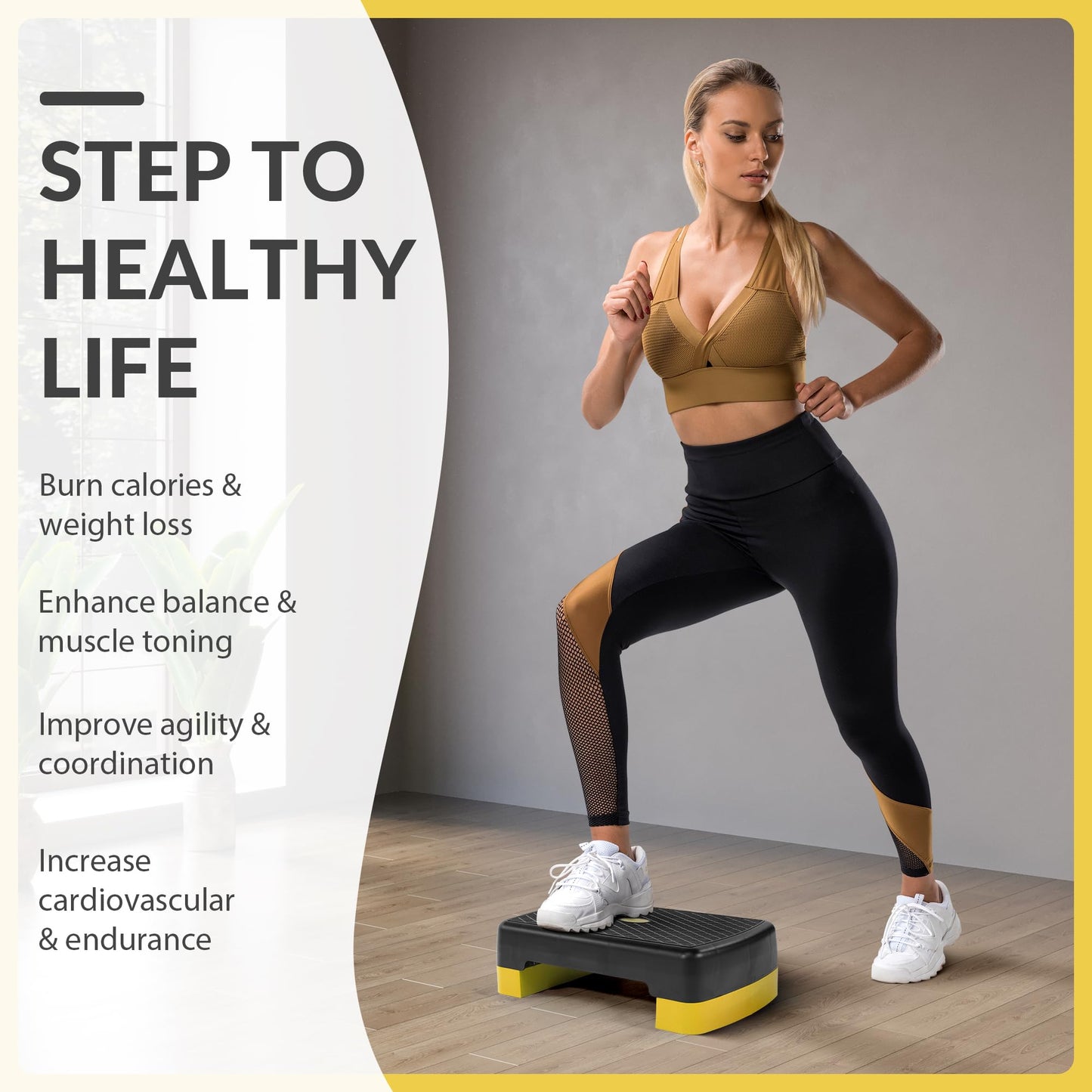Fitvids 18" Aerobic Step Platform, Workout Stepper with Adjustable 2 Stackable Risers 3" 5.5" for Home Gym Small Space, Exercise Step, Yellow/Black