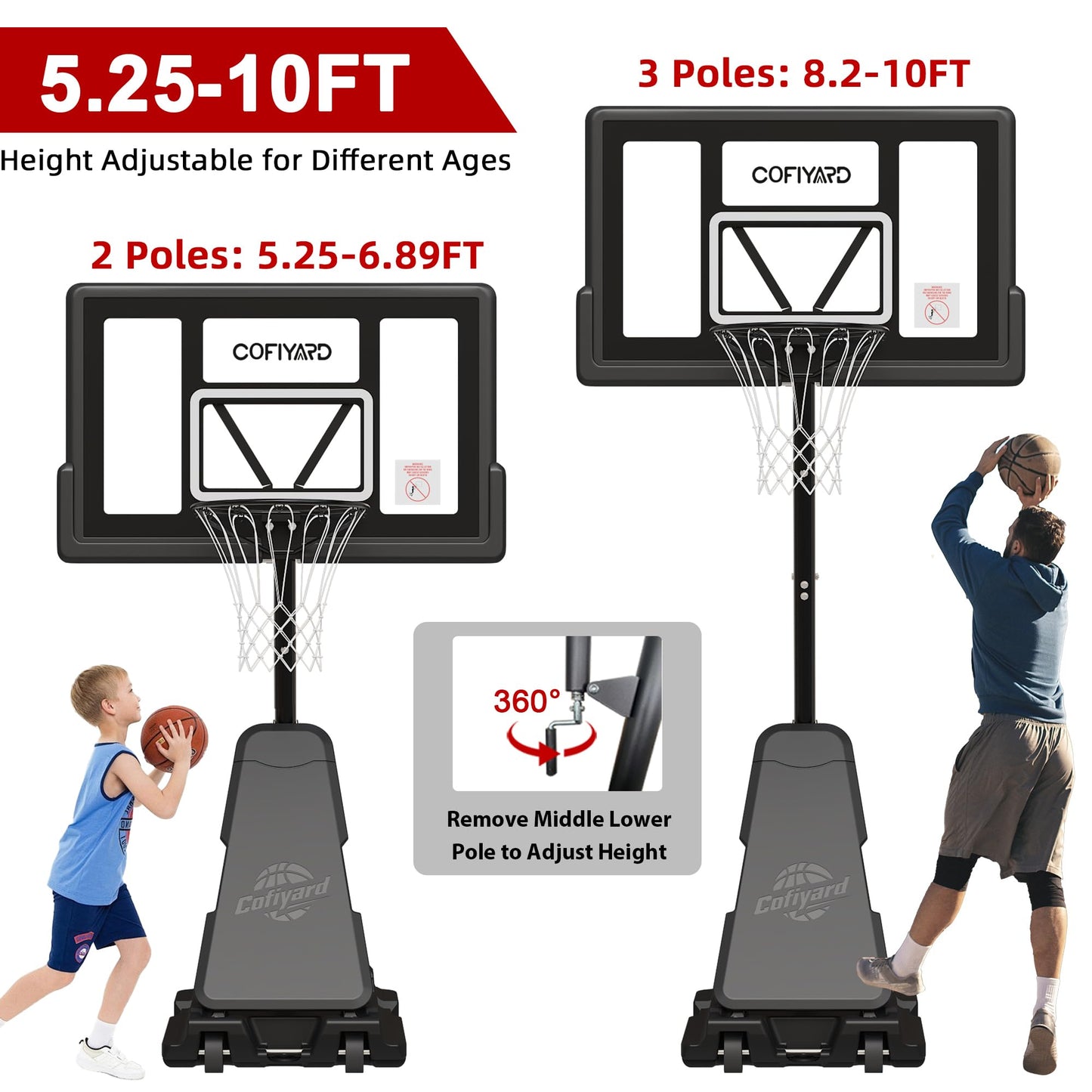 Cofiyard Basketball Hoop Outdoor with 44&48&54In Shatterproof Backboard, 5.25-10FT Height Portable Basketball Hoop with Sandbag, Adjustable Basketball Goal System
