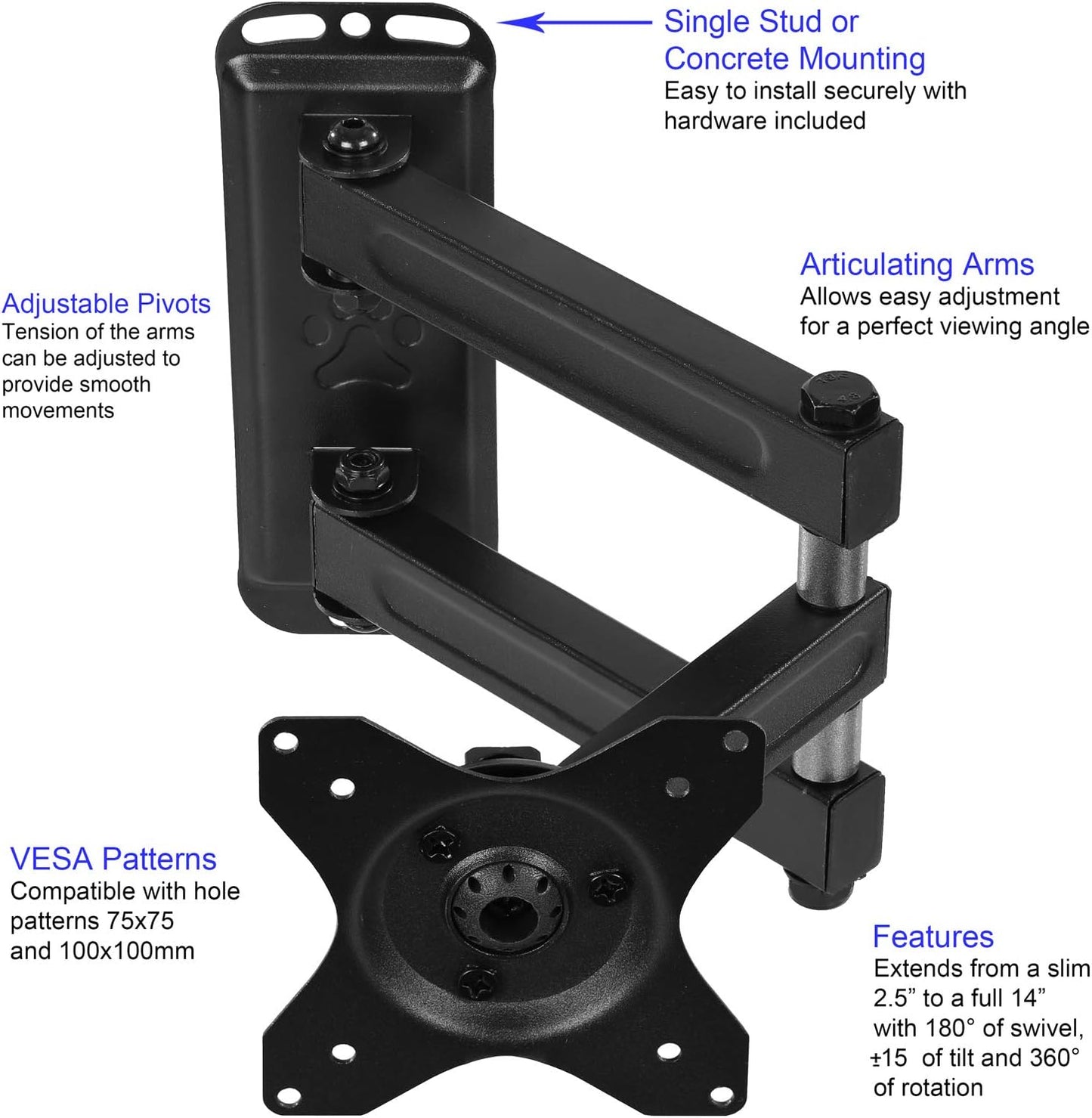 Cheetah 12-55 Inch 40lbs 200x200mm, 10ft 15" TV Monitor Wall Mount for TVs up to VESA with HDMI Cable, TouchAdjust