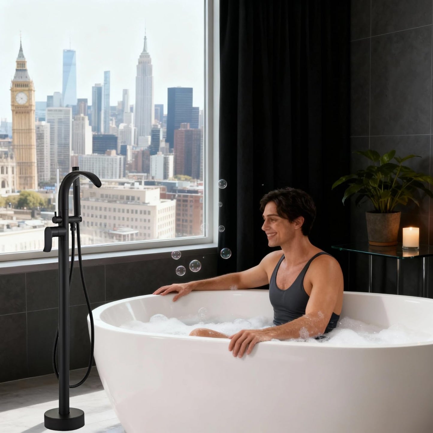 SONMAJIA Free Standing Bathtub Faucet Tub Filler Stand Alone Black, Waterfall Floor Mount Brass Standing Tub Faucet with Hand Sprayer
