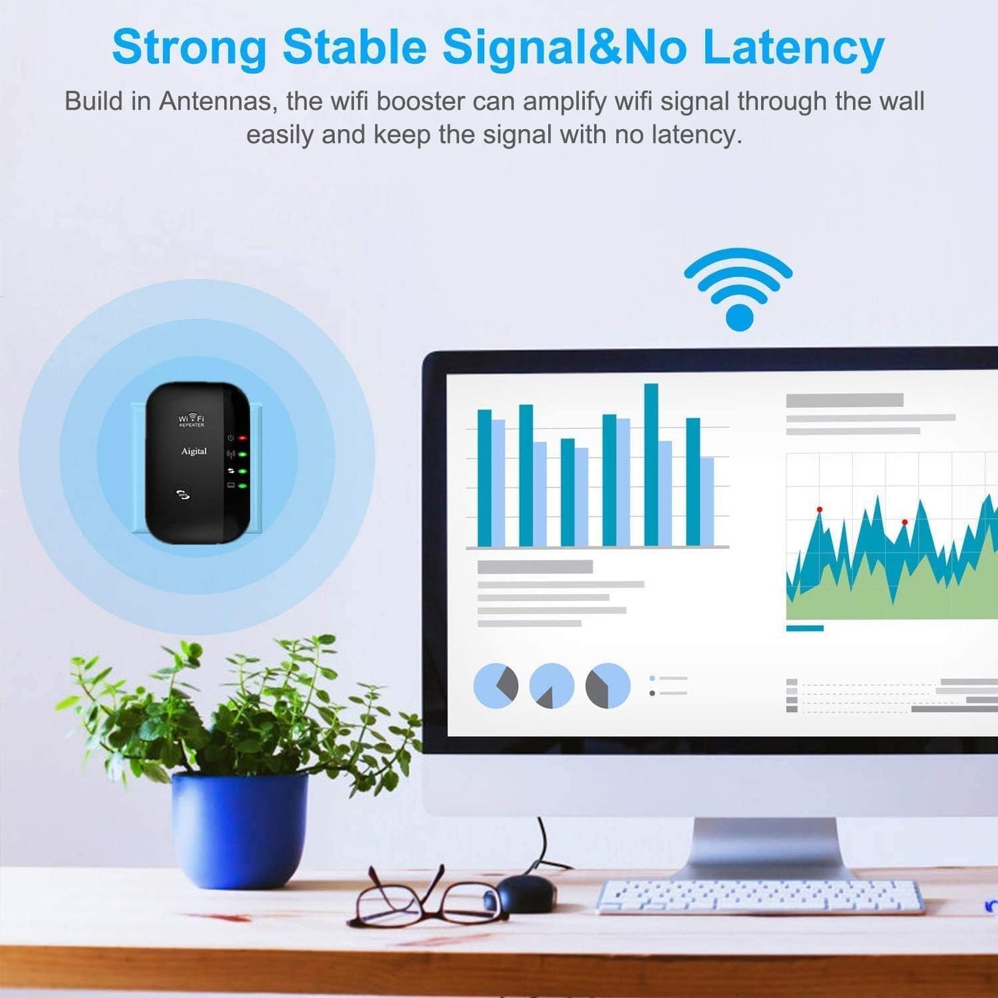 Aigital 300Mbps 2.4GHz Setup WiFi Extender for Home, Wireless Wi-Fi Repeater Super Signal Booster Amplifier