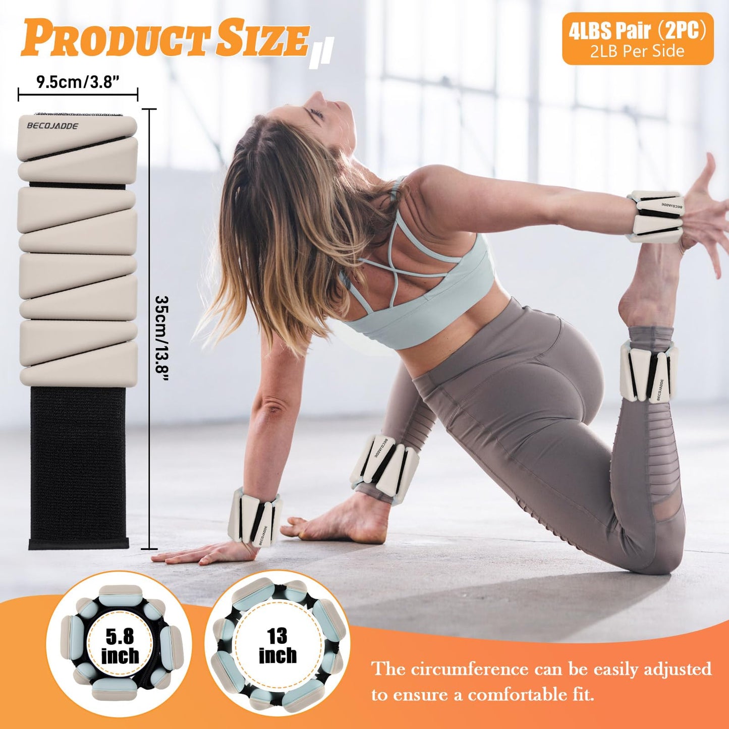 BECOJADDE Ankle Weights Set of 2 (2 lb Each) Adjustable Wrist Weights for Women Men Wearable Arm Leg Weight for Pilates, Running, Walking, Workout, Yoga, Pewter Beige