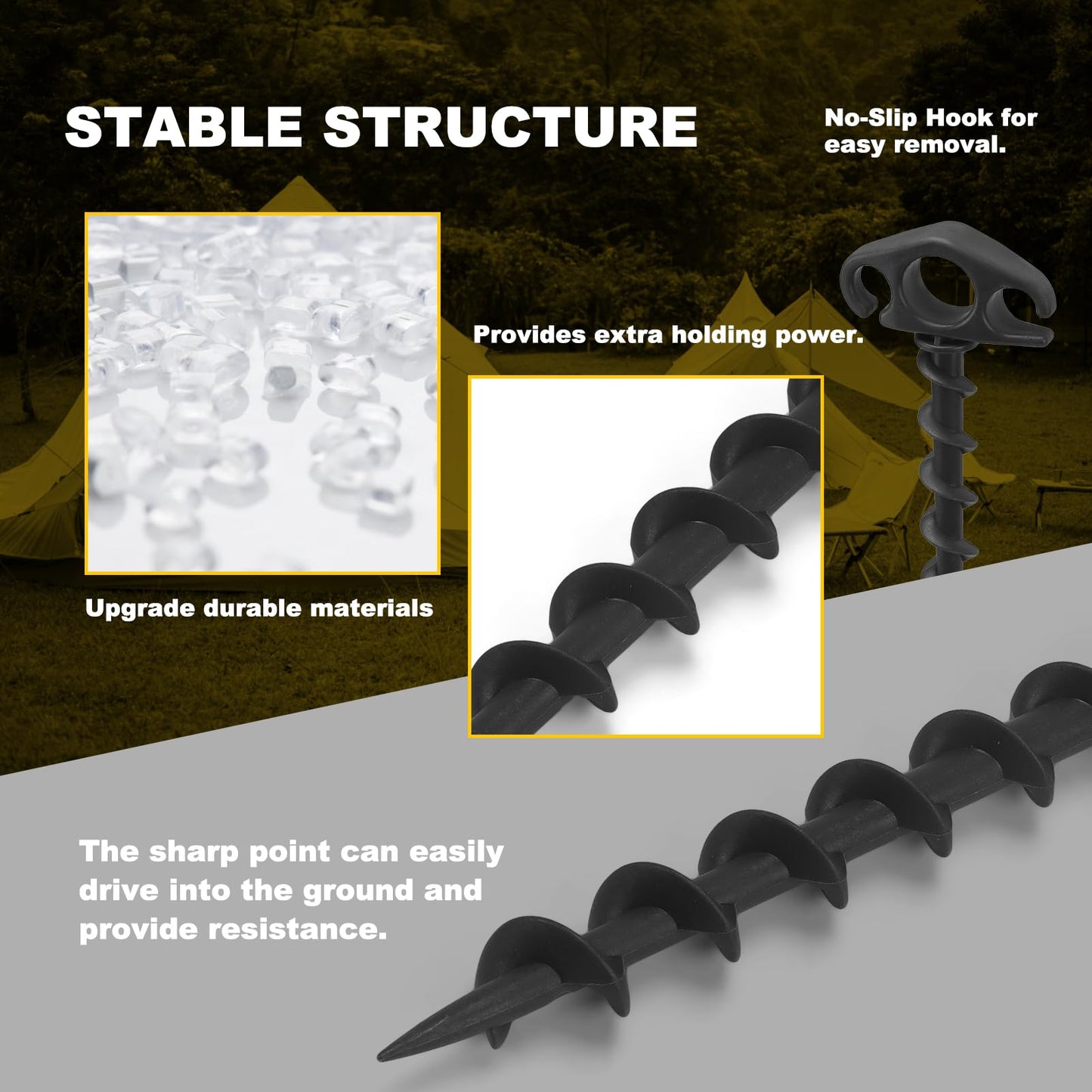 COBARYEN Tent Stakes Ground Anchors Screw in, 10 Pack Sand Stakes for Beach 9.4 Inch Heavy Duty Spiral Tent Pegs for Camping, Party, Hiking, Outdoor Decoration (10, Black)