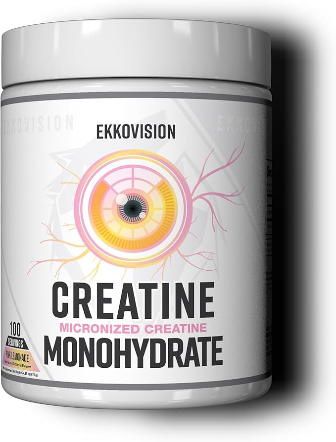 Ekkovision Creatine Monohydrate Powder, Micronized, Pink Lemonade, Pre Workout & Post Workout Supplement for Men and Women, Energy Support, Easy to Mix in Shakes, Smoothies & Beverages, 100 Servings