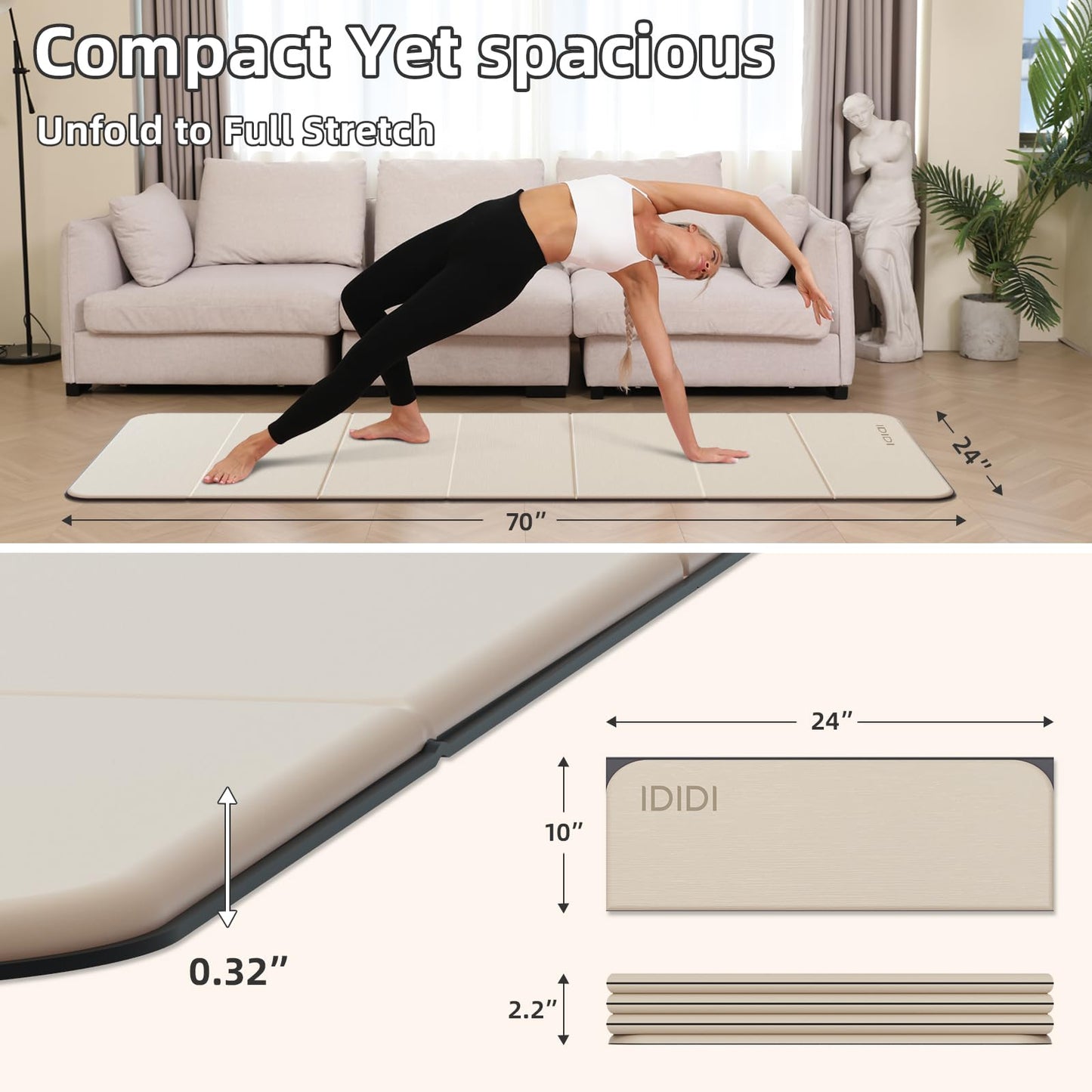 IDIDI Foldable Yoga Mat Extra Thick 0.32 Inches（8mm） - SGS Certified POE Material Exercise Mat, Non-Slip Design Fitness Mats, Multi-Purpose Workout Mats for Studio or Home Use