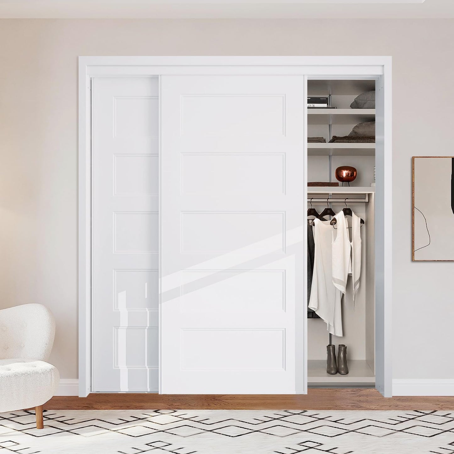 BARNSMITH 72x80 in 5-Panel Bypass Sliding Closet Door, Steel Frame White Primed Bypass Door with Top & Bottom Track Hardware Kits, Paintable and Lightweight