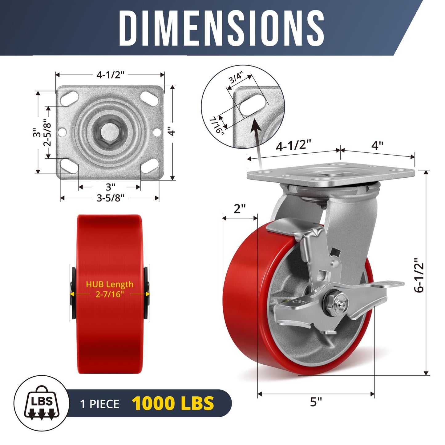 HANDSAMMU 5" X 2" Heavy Duty Casters- Industrial Casters, Polyurethane Casters Wheels, Capacity up to 4000 Lb. Use for Platform Truck, U-Boat Cart,Workbenches (4 Brake)