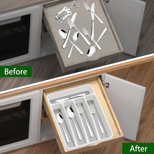 Loyareal Silverware Organizer - 5 Compartment Plastic Kitchen Drawer Tray | White Flatware Holder