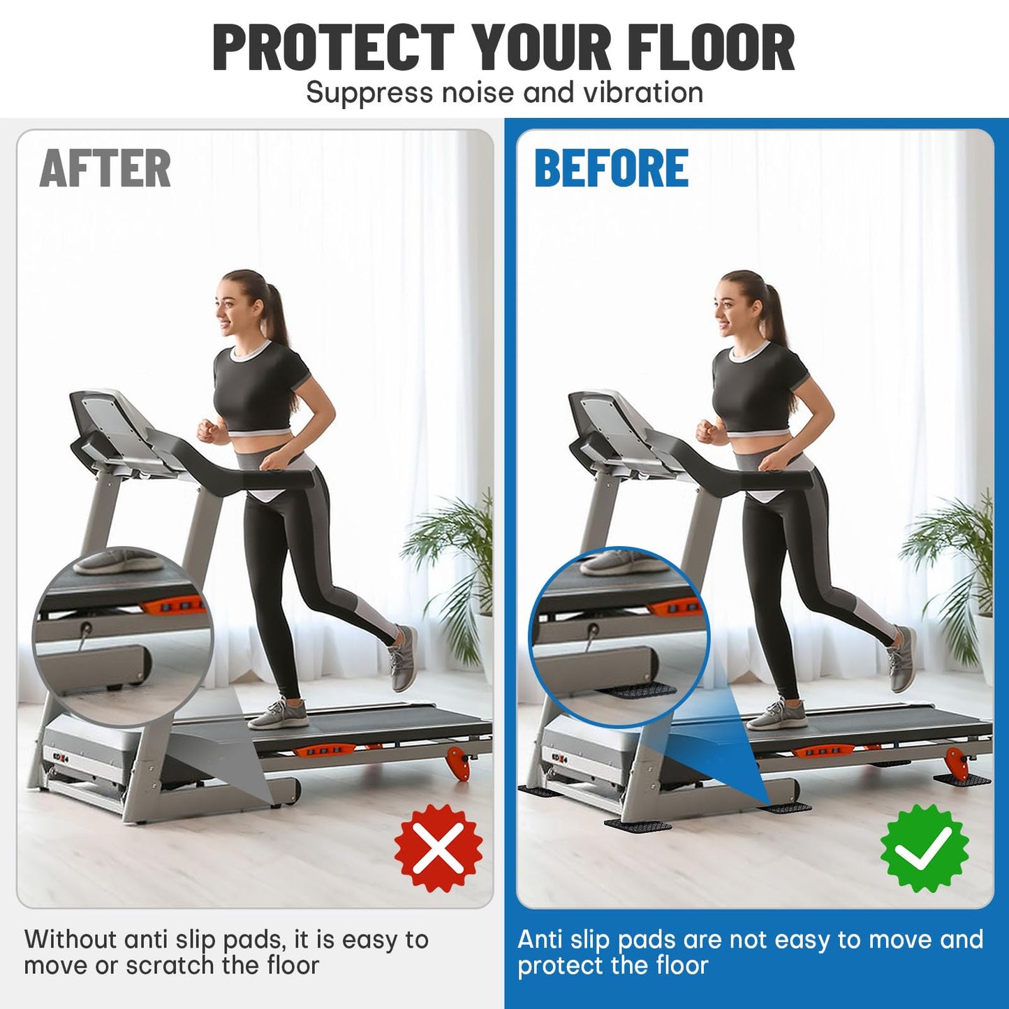 Rolitwils Treadmill Mat Pads 4PCS - Double-Sided Non-Slip - Anti Vibration Mat for Treadmill, Walking Pad, Exercise Bike - Hardwood Floors Protection