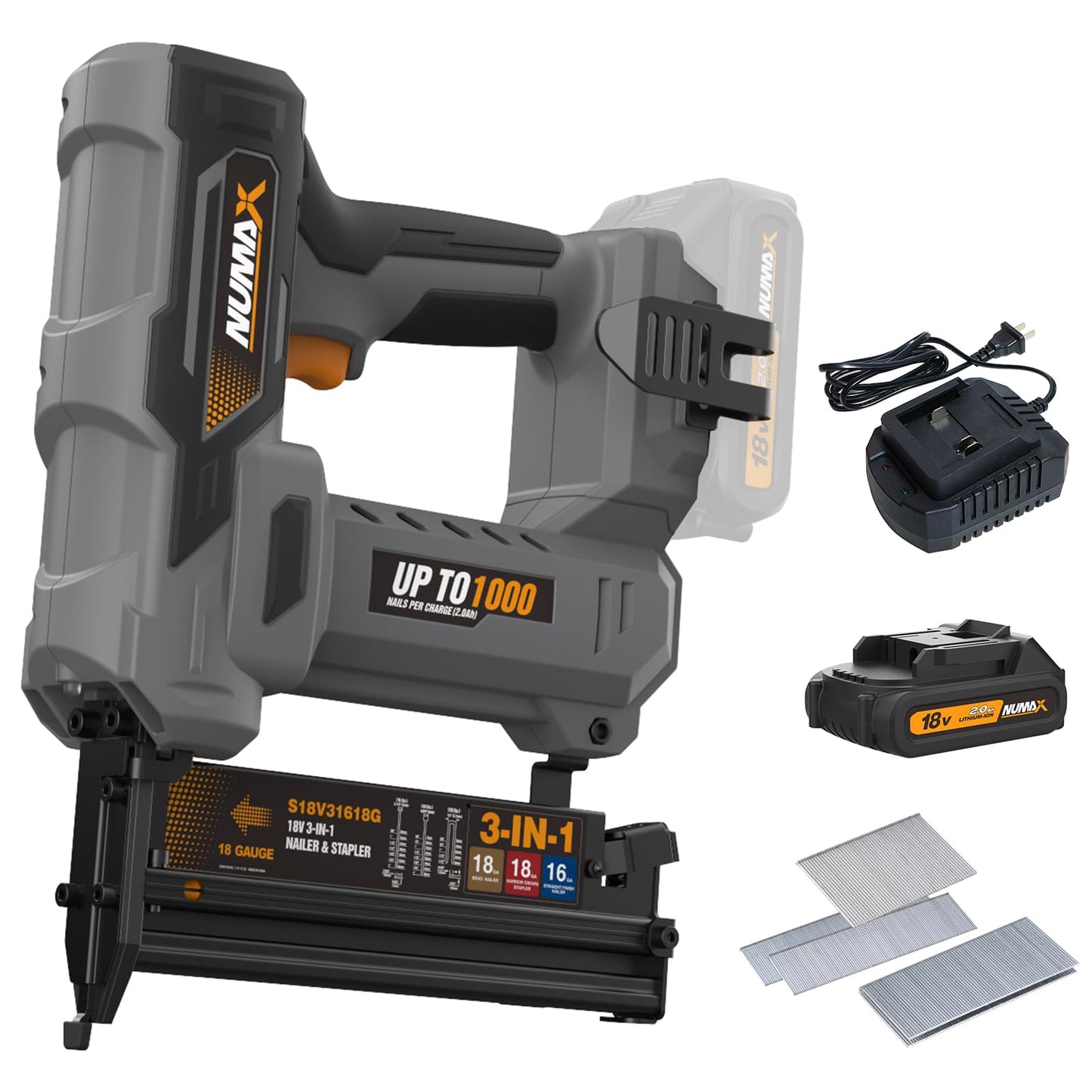 NuMax 18V Cordless 3-in-1 Nail Gun Kit – 2" 16 & 18 Gauge Finish Nailer, Brad Nailer, and Narrow Crown Staple Gun – Includes Battery, Charger & Fasteners – S18V31618G