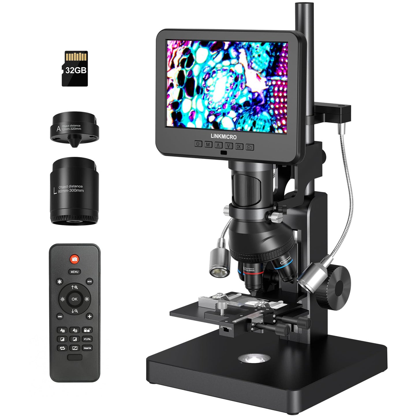 LM266S 5 Lens 7" HDMI Digital Microscope 5000X for Adults, Lab Digital Biological Microscope with Screen for Slides, Mechanical X-Y Stage, UHD 2160P Video, LCD Full View Coin Camera, PC View, 32GB