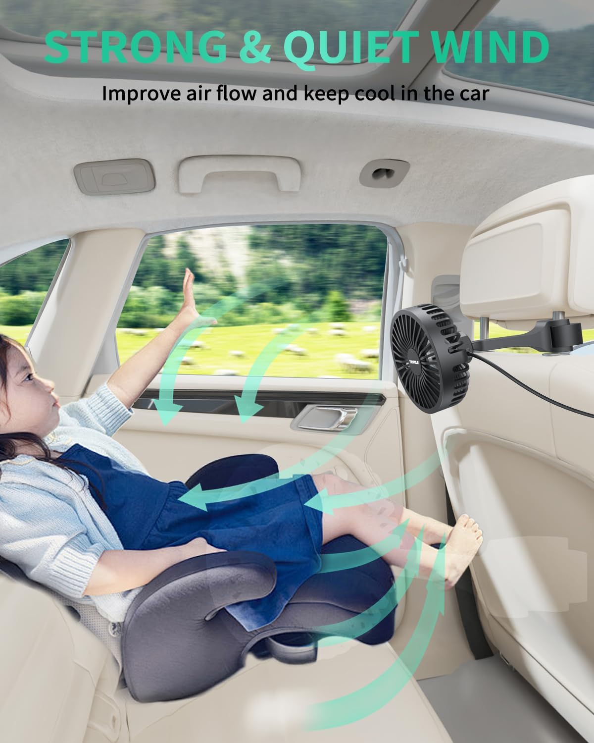 3 5V TriPole Car Fan for Rear Seat USB Powered Powerful Speed Fan with Adjustable Clip for Vehicles SUV RV