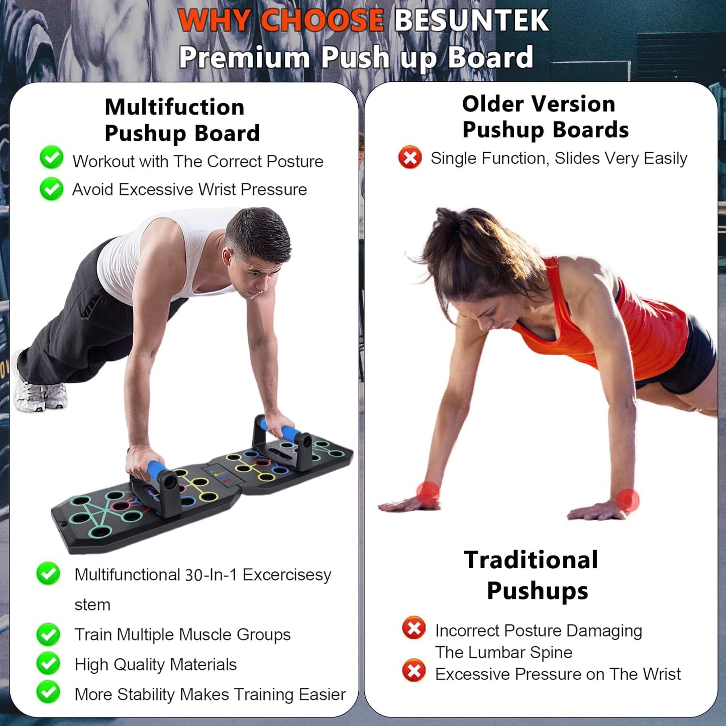 Push Up Board Fitness, BESUNTEK Foldable Multi-Function Exercise Board with Elastic Cord for Total Body Workouts, Portable Push Up Board for Floor (Basic Model)