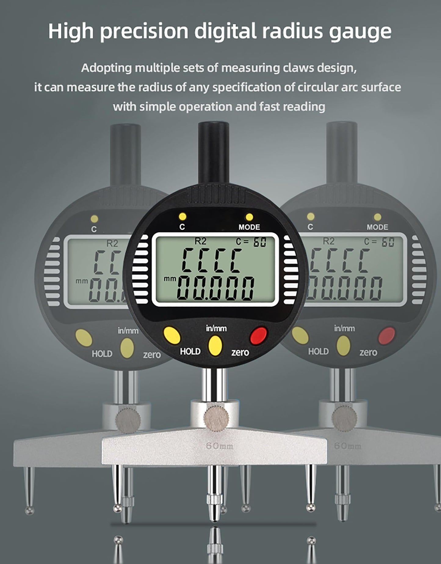 AICEYI Digital Inner and Outer Radius Measuring Instrument with 10mm/20mm/30mm/60mm/100mm Replaceable Measuring Claws,Black Radius Range: 5-700mm (0.2-27.5in”), Linear Range: 0-12.7mm (0-0.5in”)