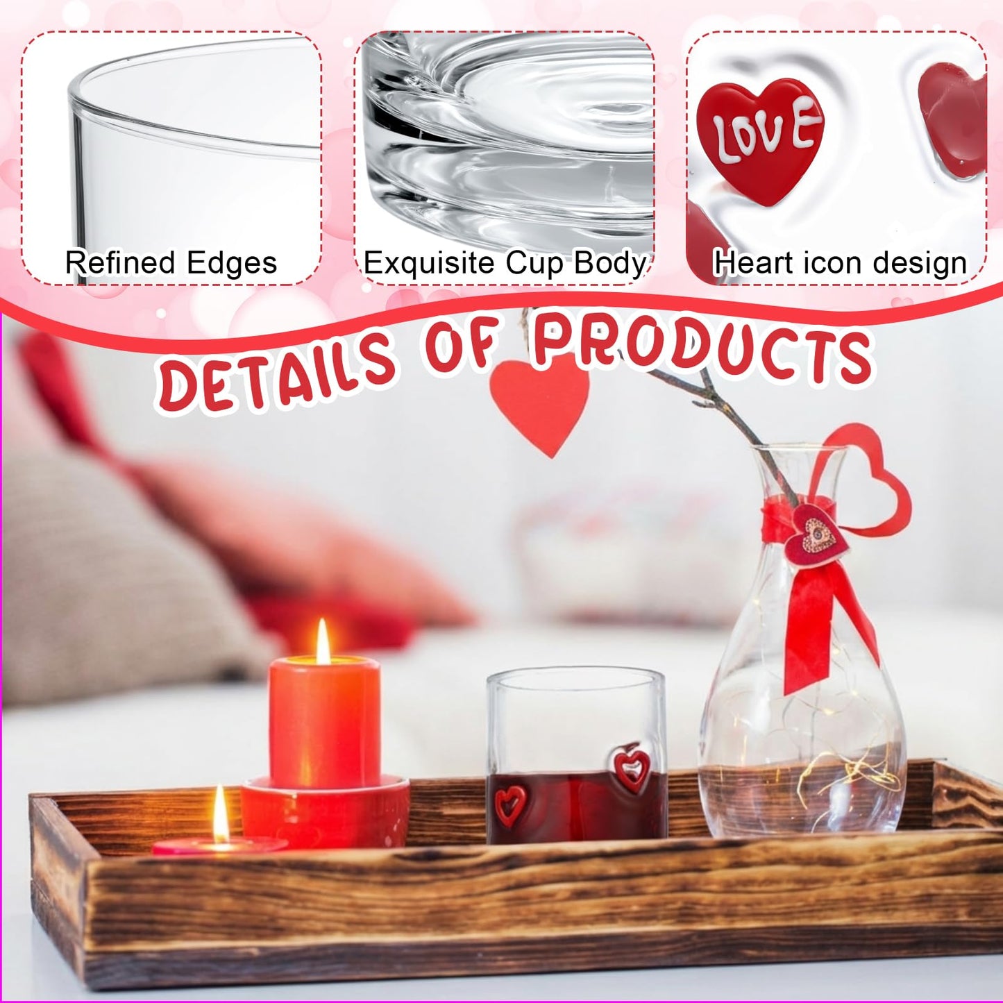 Skylety 8 Pcs Valentines Day Icons Juice Glasses Heart Love Drinking Cups Old Fashioned Stemless Wine Glasses 13.5 oz Whiskey Cocktail Coffee Mugs for Galentines Party Gift Decor