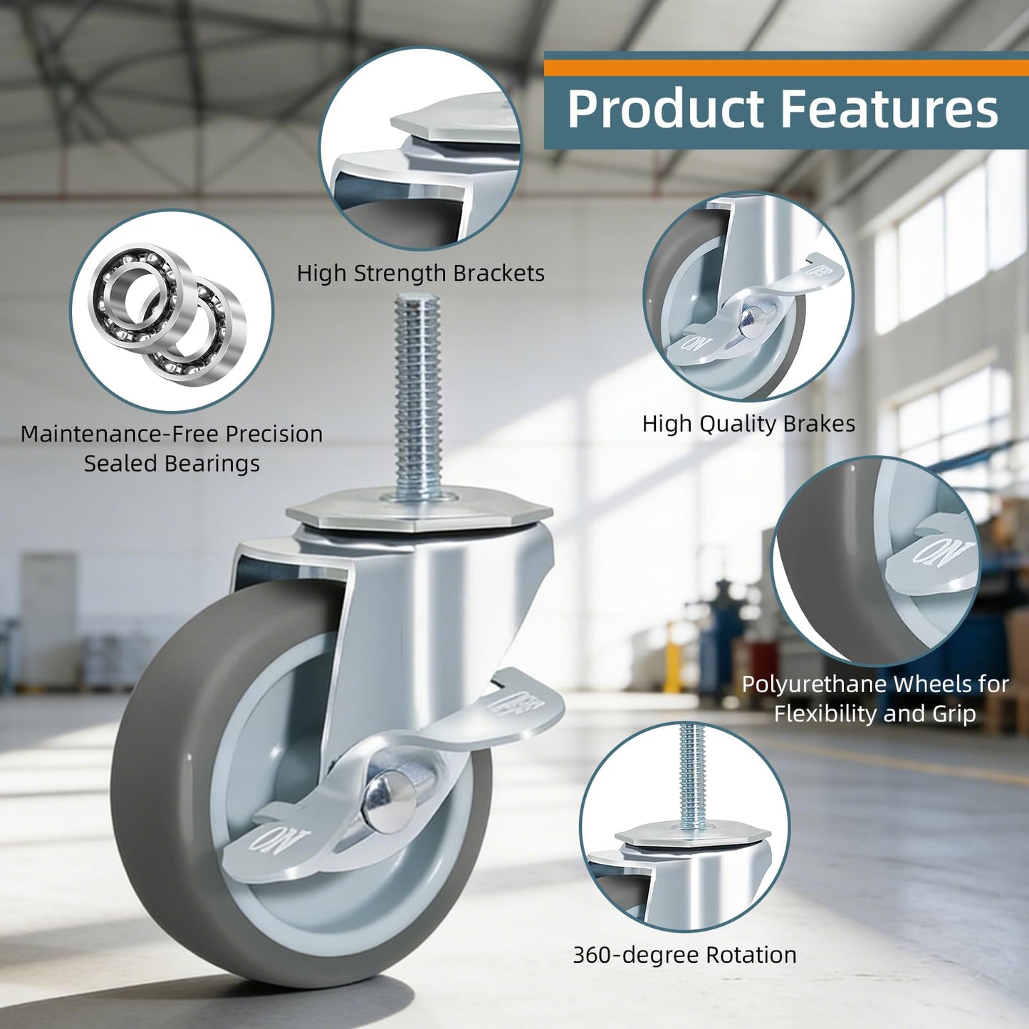 LSWhee 3-inch Threaded-Shaft Casters (Set of 4) with Dual-Lock Brakes; Heavy-Duty TPR Swivel Casters for Wire Racks, Workbenches, Tool Carts, and Storage Racks; 500-pound Load Capacity