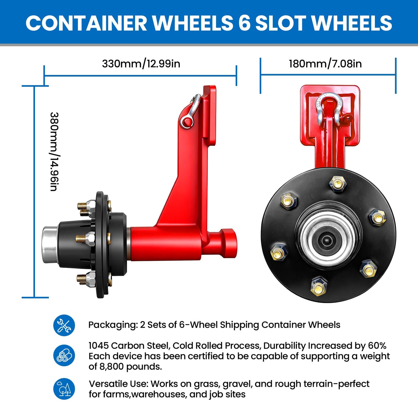 2-Pack Shipping Container Wheels 6-Lug Wheel Kit Heavy Duty Carbon Steel Container Axles 8,800lbs Capacity Ratchet Tie Down Set Easy Mover for 20ft 40ft Containers