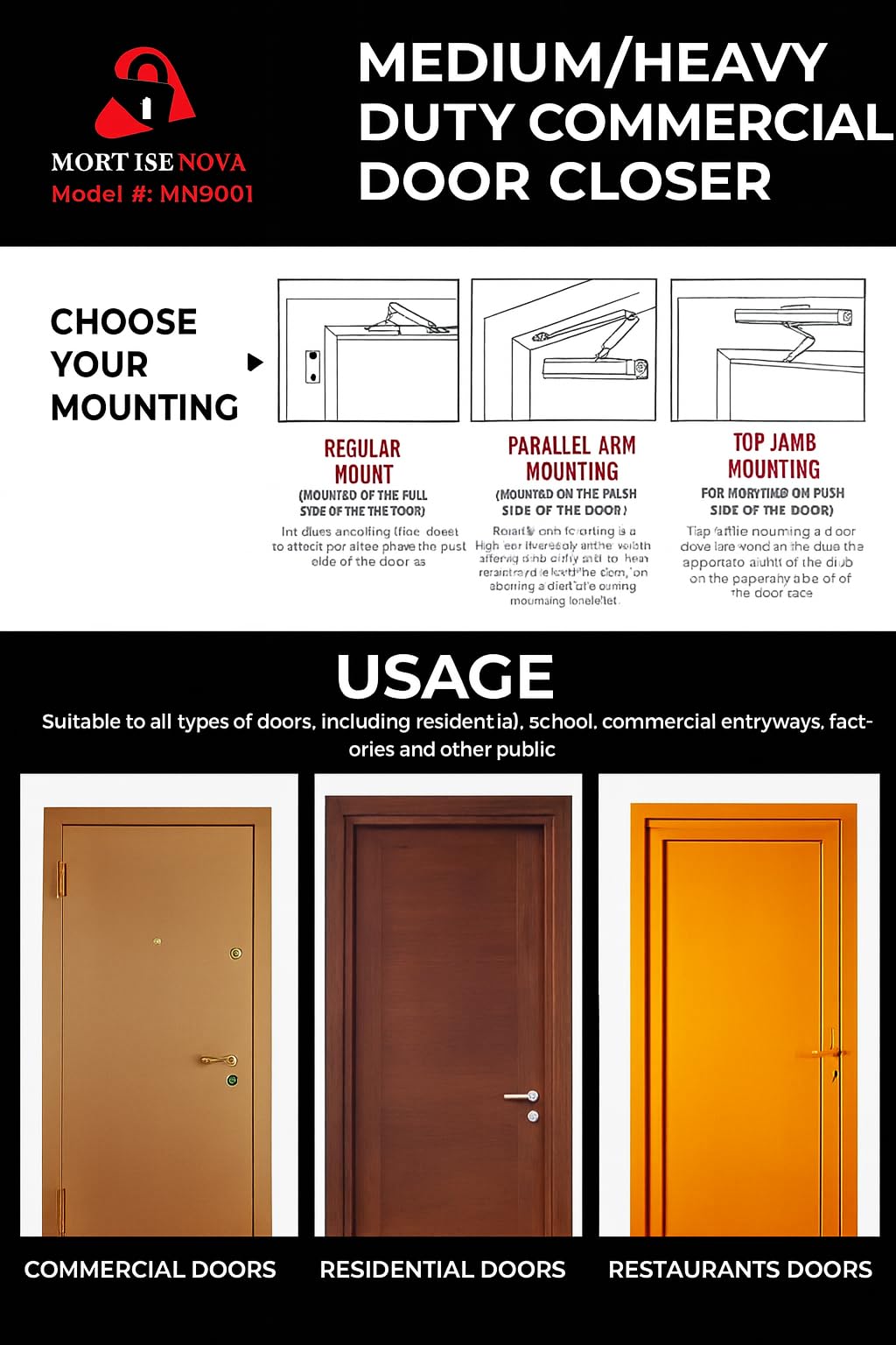 Commercial Door Closer Grade 1 Hydraulic Extra Heavy Duty Self-Closing Adjustable Size 1–6 ADA Compliant ANSI/BHMA Certified UL Fire-Rated (MN9001 - Heavy Duty Door Closer)