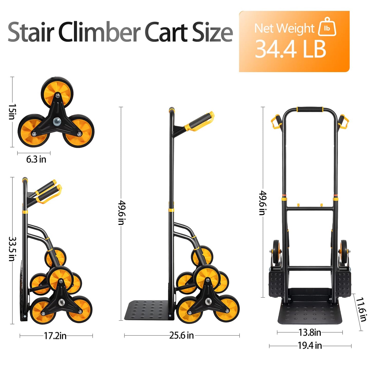 SmarketBuy Stair Climbing Dolly, Upgraded Heavy-Duty Stair Climber Hand Truck 770 Lbs Capacity, Foldable Cart for Stairs with 13.8" x 11.6" Nose Plate, 6 Wheels and 2 Ropes for Home,Office or Shopping
