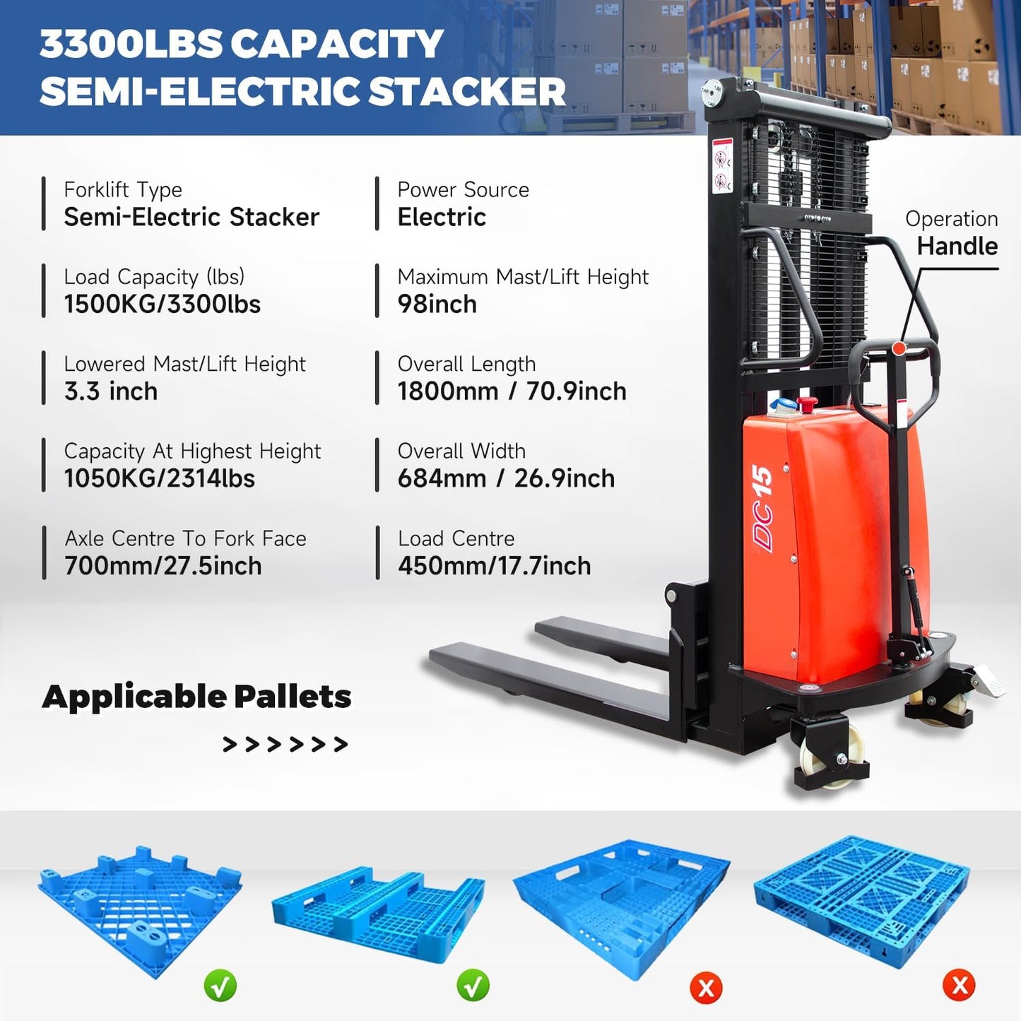 Fworkleft Semi-Electric Pallet Stacker, 3300 lbs Capacity, Lithium Battery Powered Walkie Stacker with 98" Lift Height, Electric Drive & Manual Lift for Warehouse & Shop