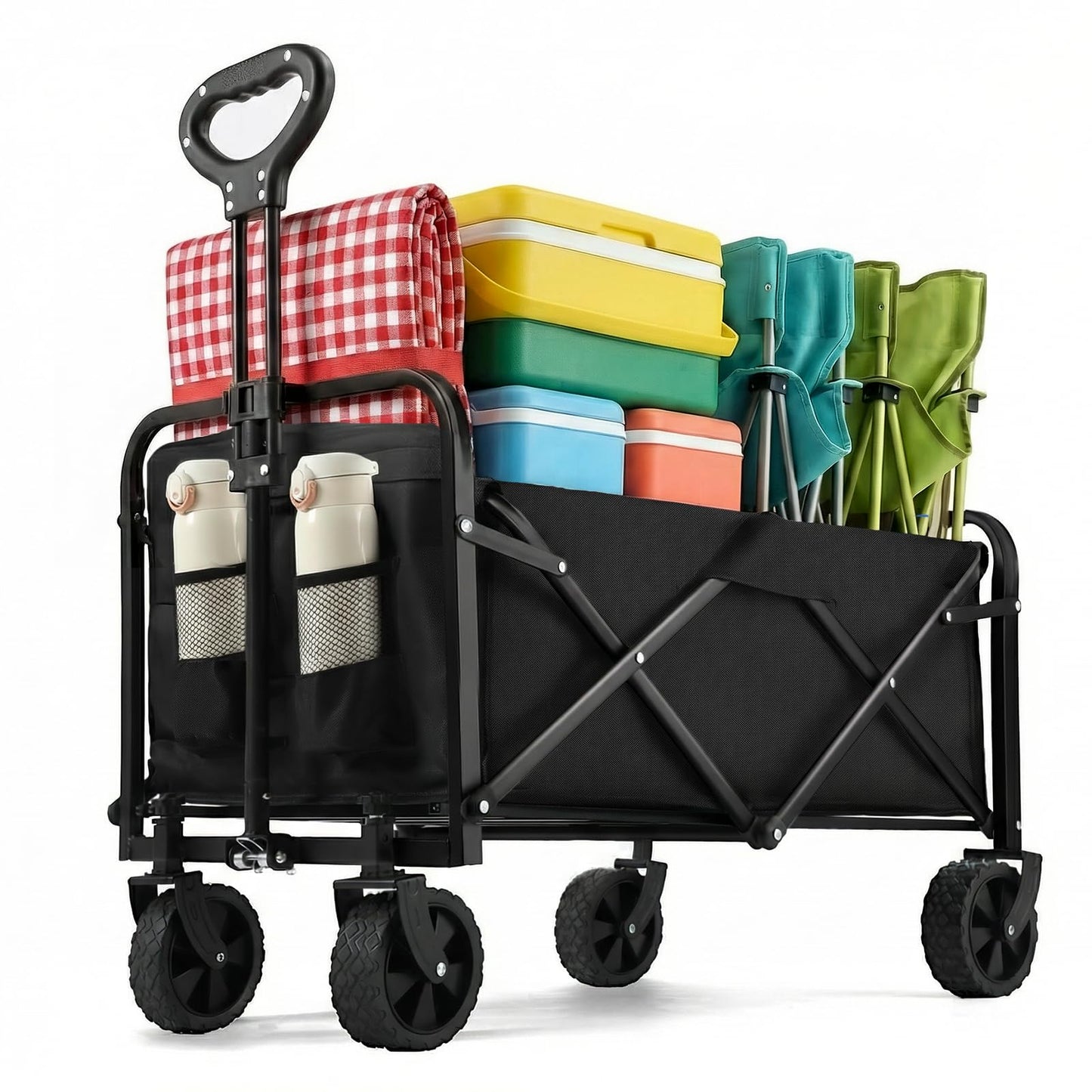 PASAMIC Collapsible Wagon 220 lbs, Heavy Duty Wagon Carts Foldable, Portable Wagons for Groceries, Beach Cart with All-Terrain Wheels & Drink Holders, Utility Wagon for Shopping, Sports, Camping,Black
