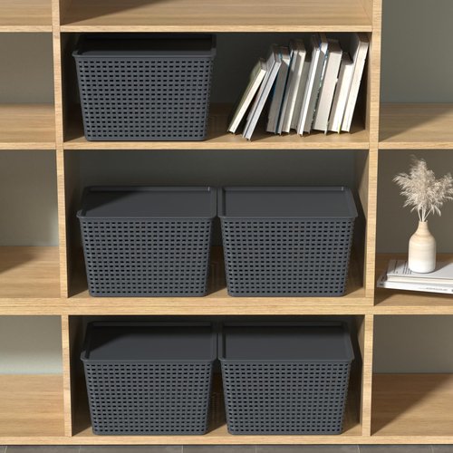 Gainhope 6-Pack Large Plastic Storage Baskets with Lid, 13.98" x 11.57" x 8.66", Stackable Storage Container Organizer Bins for Office, Bathroom, Kitchen, Pantry, Gray