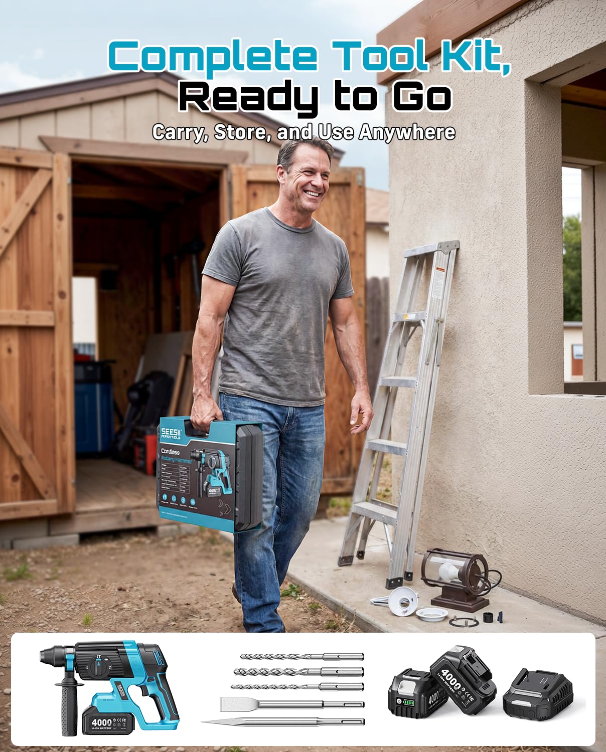 Seesii 1-Inch Cordless SDS-Plus Rotary Hammer Drill, 2.8J Impact Energy Brushless Motor, 4-Mode with Safety Clutch, 2 x 4.0Ah Batteries & Chisel/Bit Set for Concrete Drilling & Home Renovation