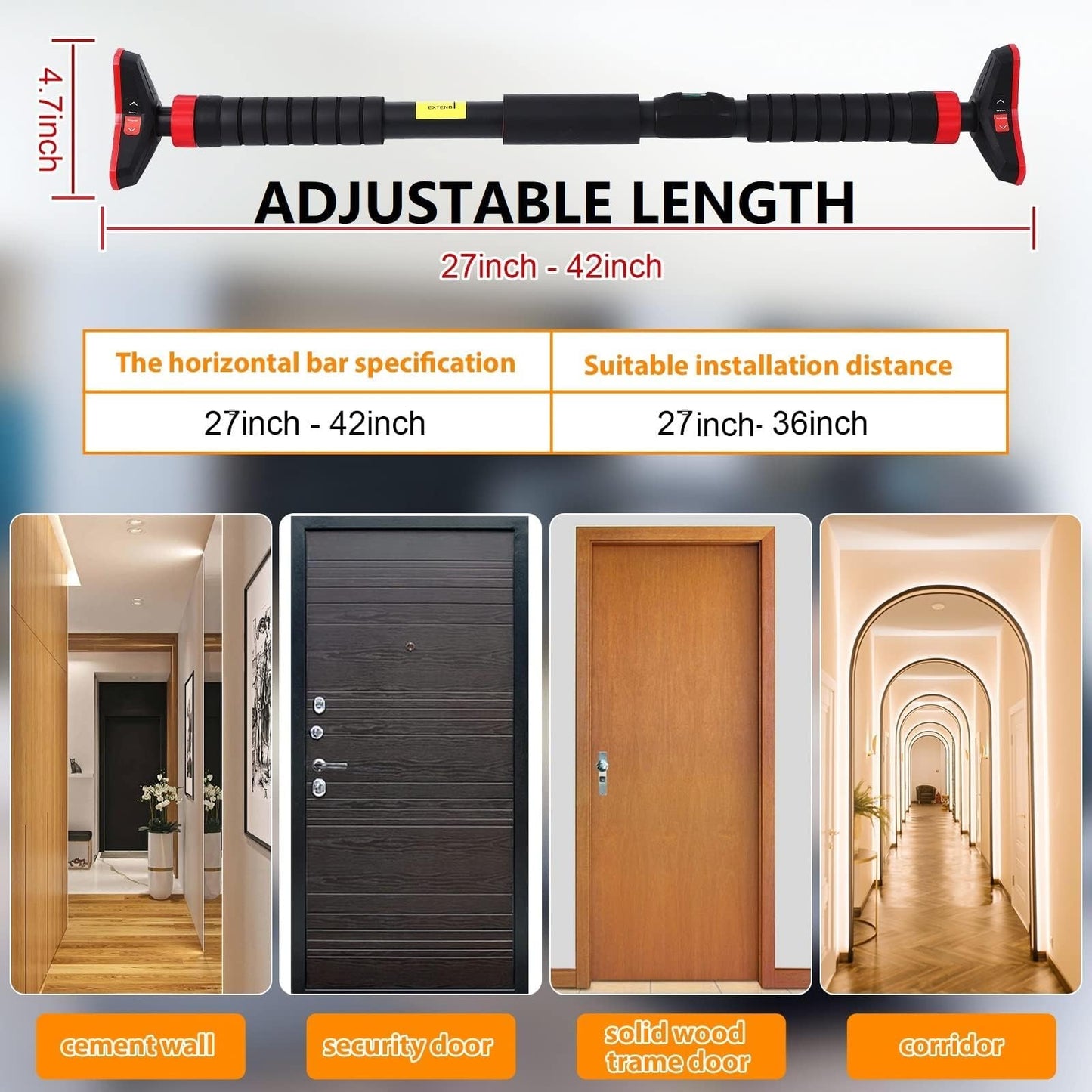 Adjustable Pull Up Bar for Doorway - 440LBS Weight Capacity, No Screws Installation with Level Meter and Auto Lock, Chin Up Bar for Home Gym Strength Training,Red Triple