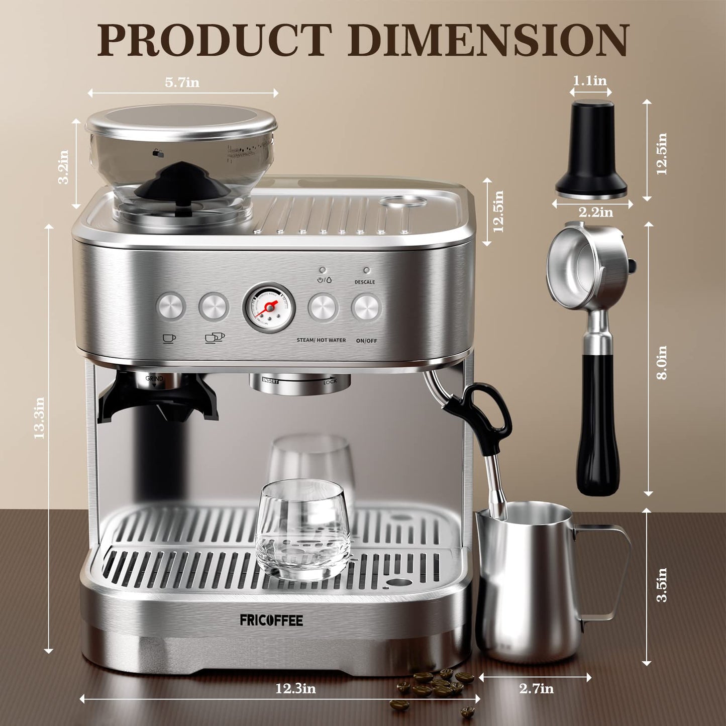 Fricoffee Espresso Machine with Grinder Espresso Maker Stainless Steel with Milk Frother Cappuccino Machine Semi Automatic Espresso Machine