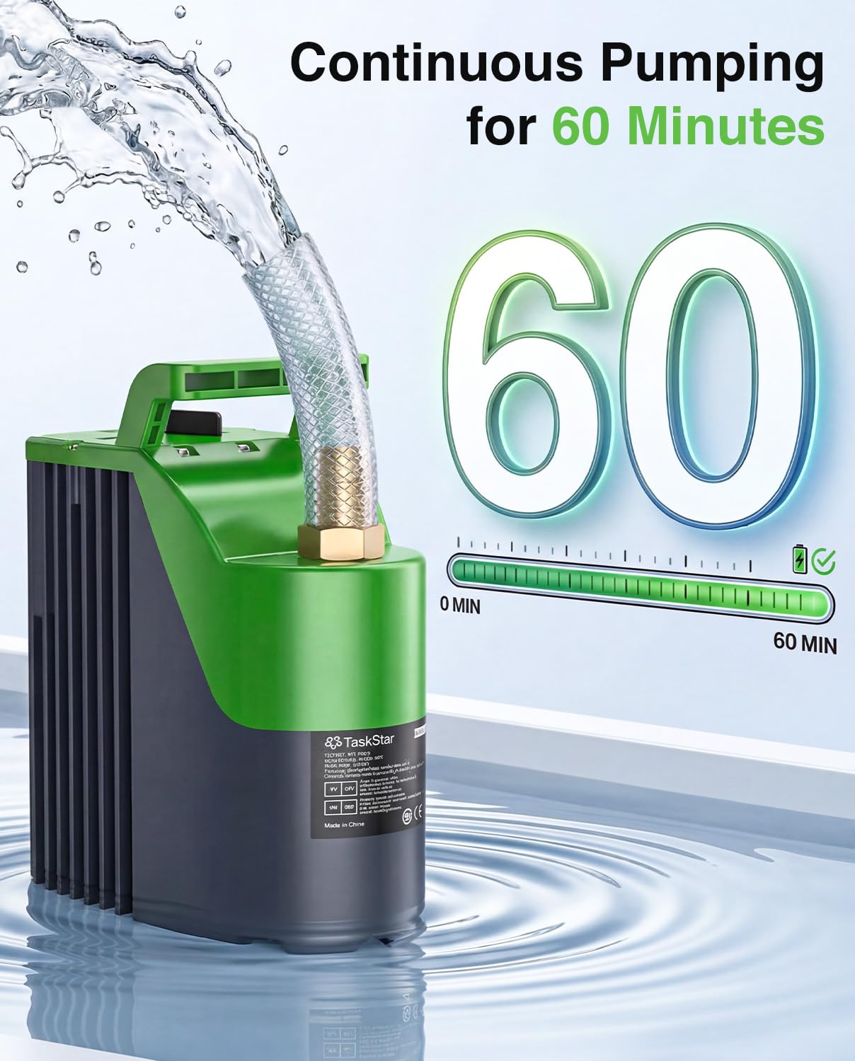 TaskStar Cordless Submersible Water Pump, Portable Battery Powered Utility Transfer Pump with Remote Control, 60-Min Runtime, 30FT Lift for Pool Cover, Hot Tub, Basement and Garden